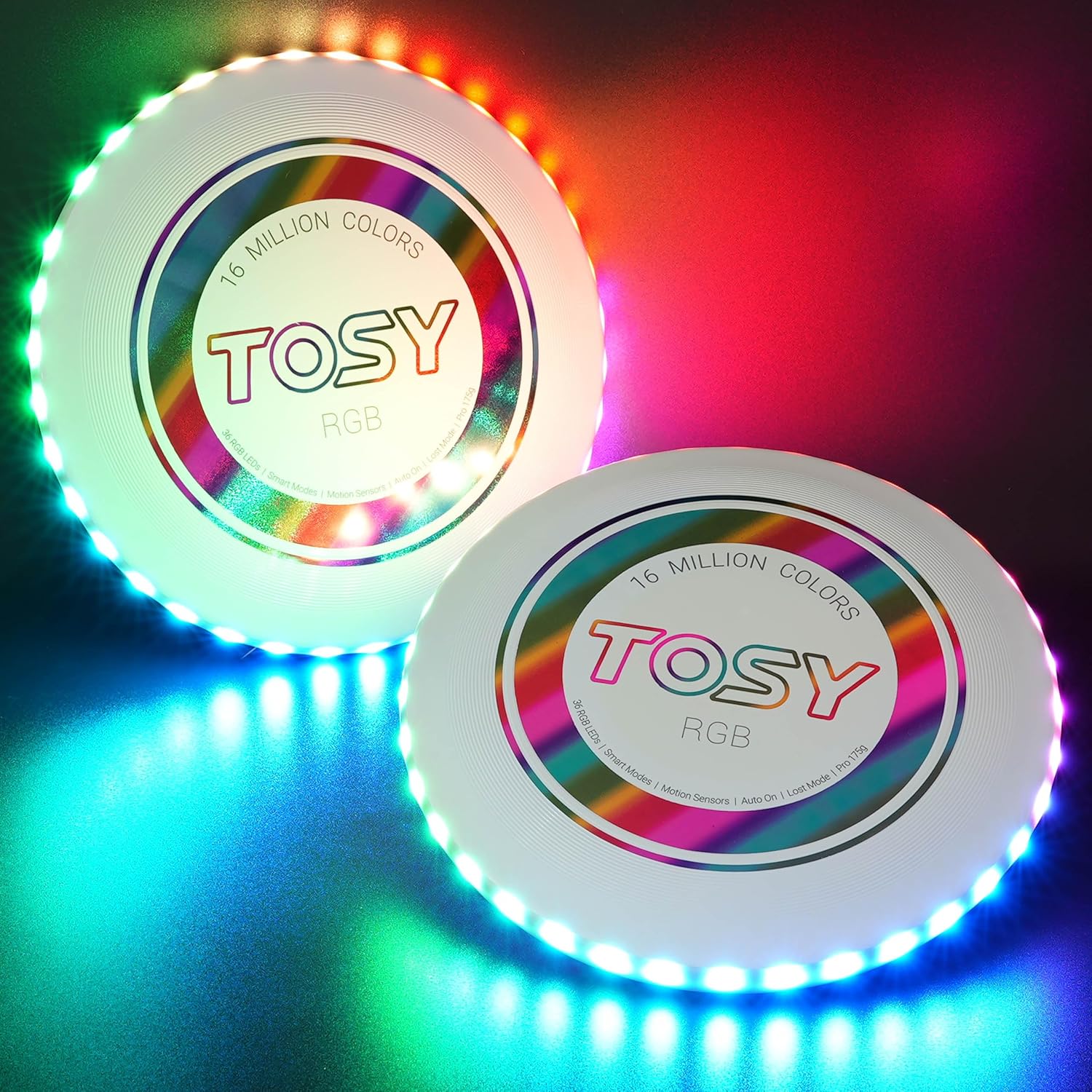 TOSY Flying Disc - 108 RGB Multicolor or 36 Monocolor LEDs, Super Bright, Smart Modes, Christmas Stocking Stuffers Gift, Camping Toy for Kid/Teen/Adult, Auto Light Up, Rechargeable, Waterproof, 175g