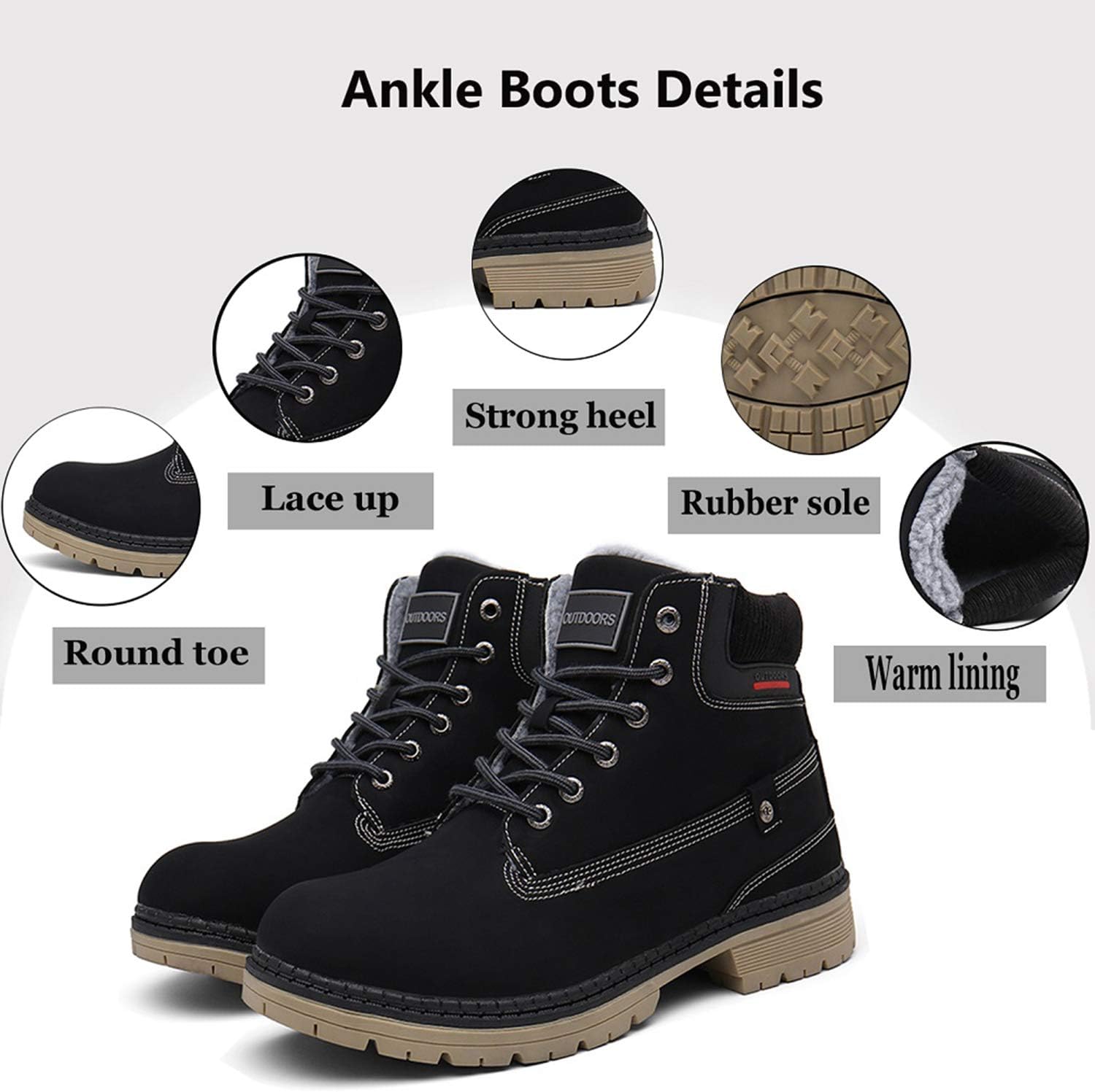 Snow Boots Womens Mens Winter Flat Ankle Boots Warm Fur Lined Fashion Combat Leather Shoes Casual Work Walking Hiking Lace Up Outdoor Trainer Urban