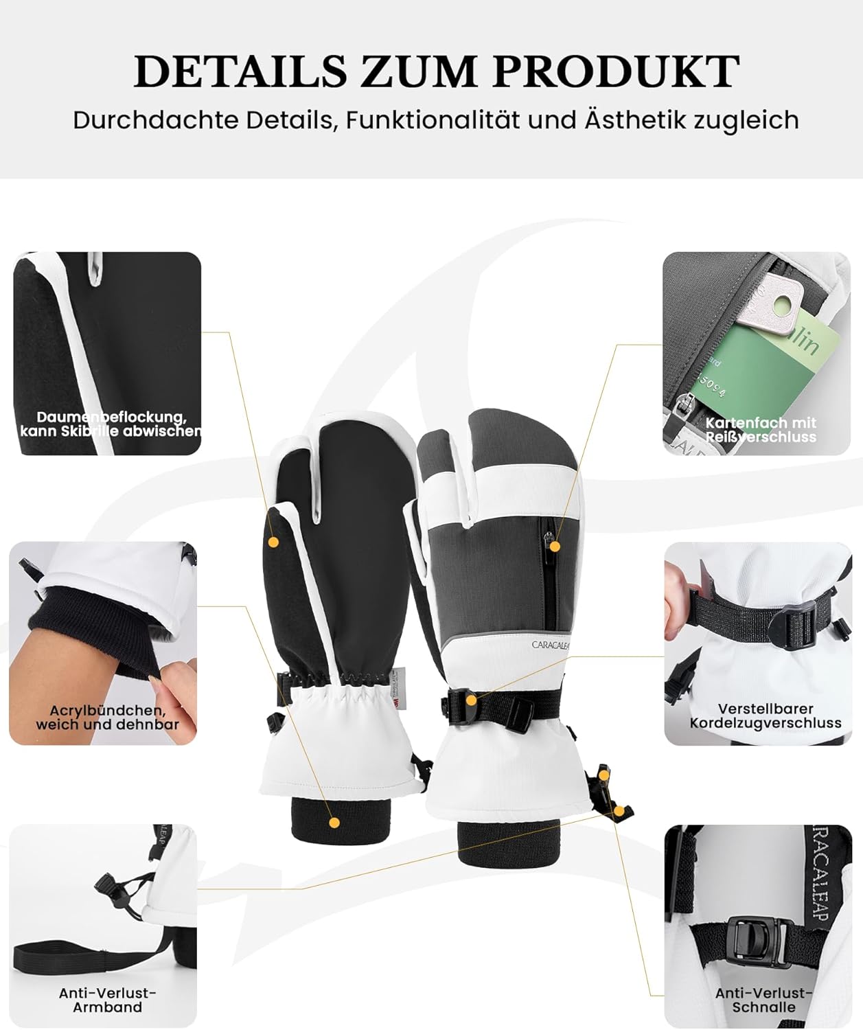 Caracaleap Ski Gloves Men Women Mittens 3 Finger Gloves Waterproof Winter Gloves for Skiing Snowboard Ice Skating Hiking