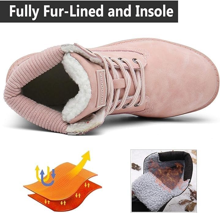 Snow Boots Womens Mens Winter Flat Ankle Boots Warm Fur Lined Fashion Combat Leather Shoes Casual Work Walking Hiking Lace Up Outdoor Trainer Urban