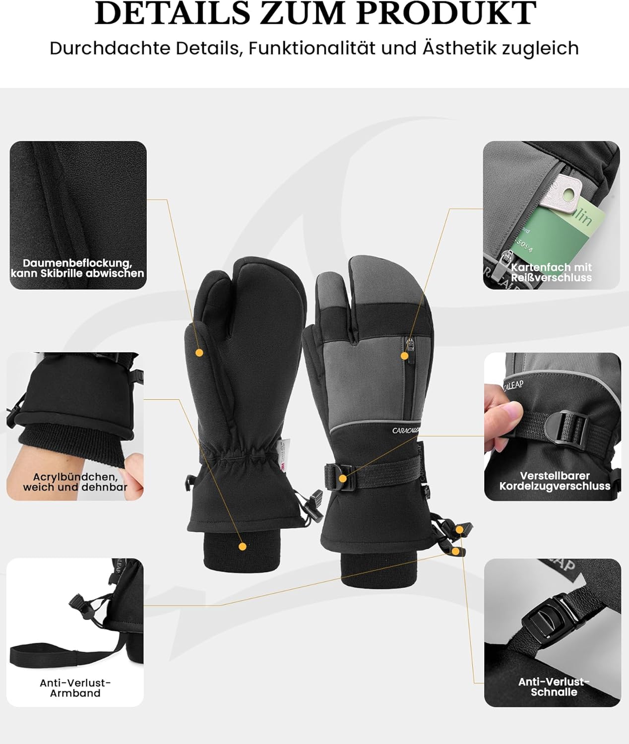 Caracaleap Ski Gloves Men Women Mittens 3 Finger Gloves Waterproof Winter Gloves for Skiing Snowboard Ice Skating Hiking