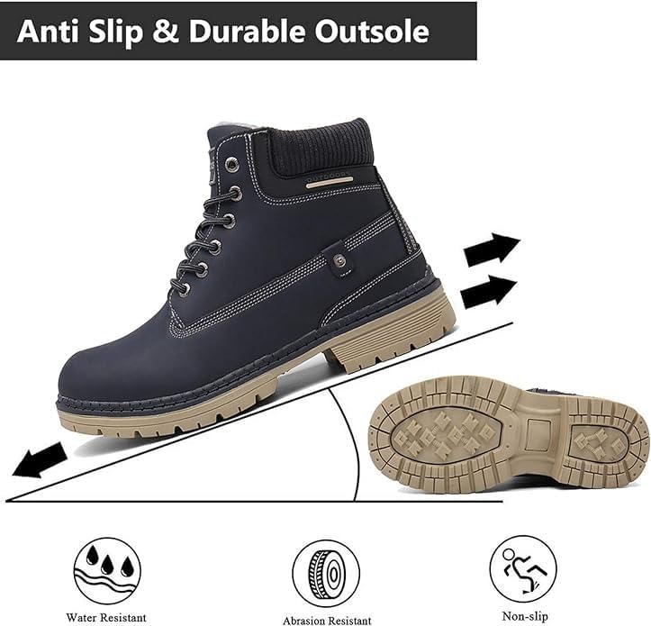 Snow Boots Womens Mens Winter Flat Ankle Boots Warm Fur Lined Fashion Combat Leather Shoes Casual Work Walking Hiking Lace Up Outdoor Trainer Urban