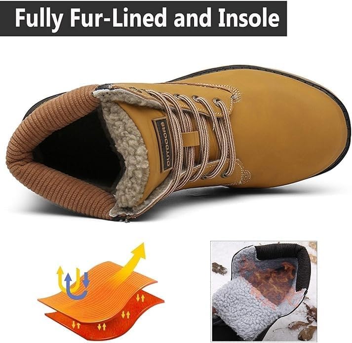 Snow Boots Womens Mens Winter Flat Ankle Boots Warm Fur Lined Fashion Combat Leather Shoes Casual Work Walking Hiking Lace Up Outdoor Trainer Urban