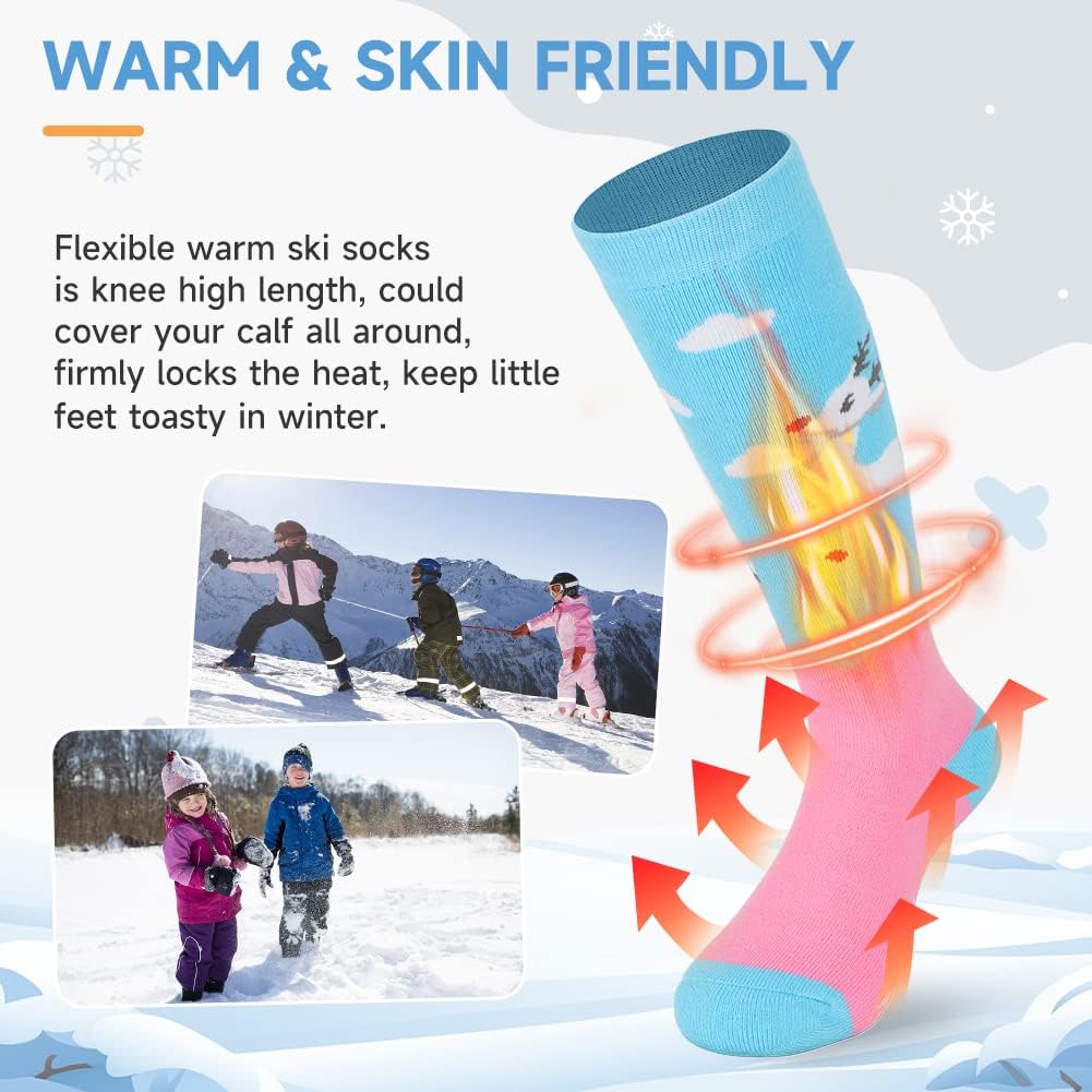 Findway Kids Ski Socks, Kids Thermal Socks 85% Cotton Boys Girls Snow Socks Soft Breathable Winter Outdoor Ski Socks for Skiing Skating Snowboarding, 2 Pairs/3 Pairs