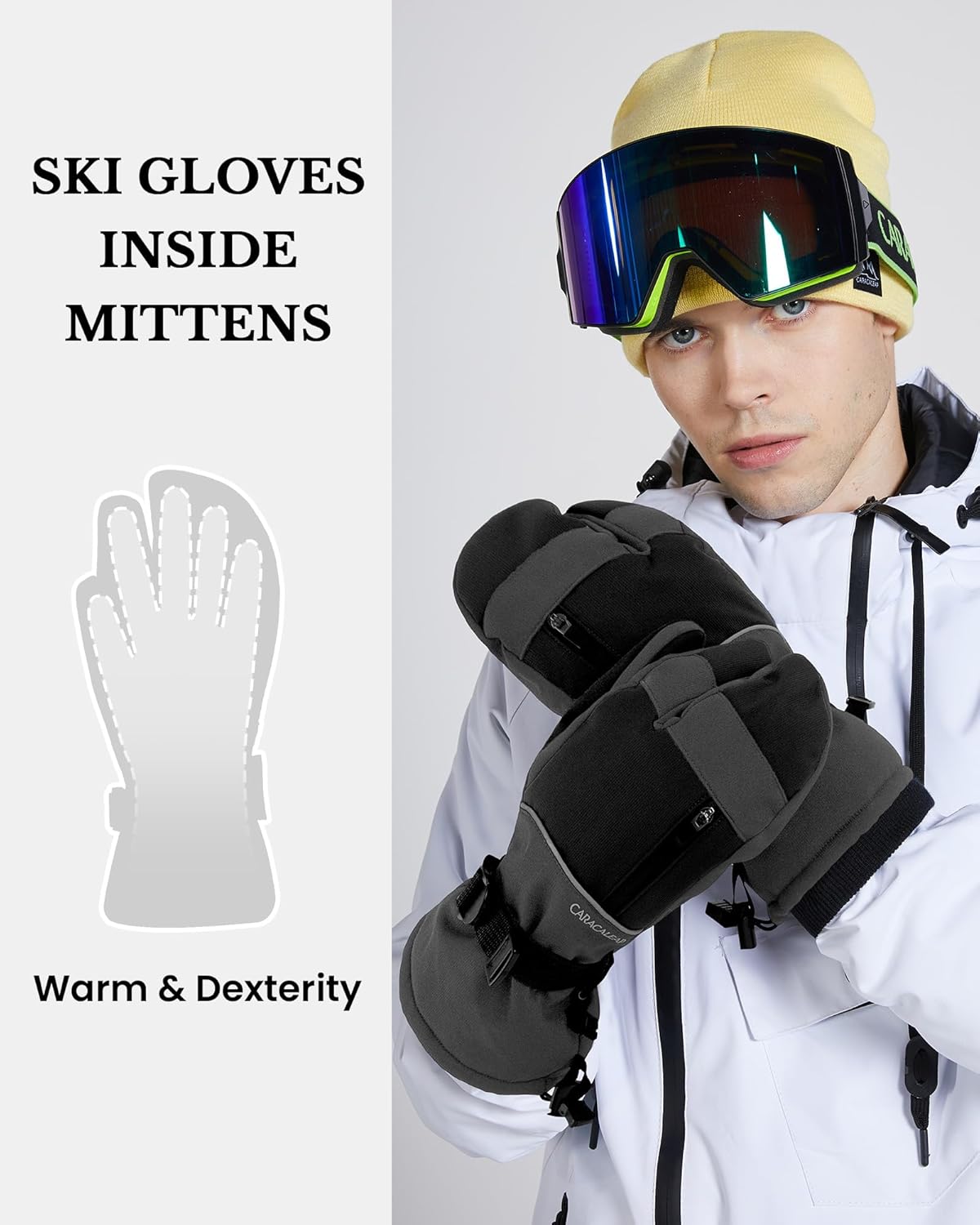 Caracaleap Ski Gloves Men Women Mittens 3 Finger Gloves Waterproof Winter Gloves for Skiing Snowboard Ice Skating Hiking