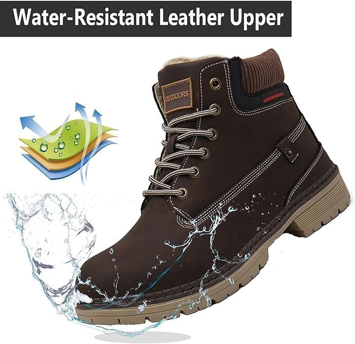 Snow Boots Womens Mens Winter Flat Ankle Boots Warm Fur Lined Fashion Combat Leather Shoes Casual Work Walking Hiking Lace Up Outdoor Trainer Urban