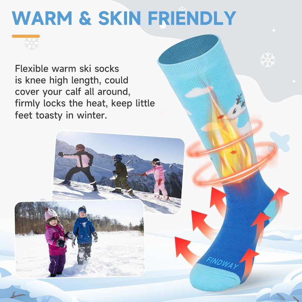 Findway Kids Ski Socks, Kids Thermal Socks 85% Cotton Boys Girls Snow Socks Soft Breathable Winter Outdoor Ski Socks for Skiing Skating Snowboarding, 2 Pairs/3 Pairs