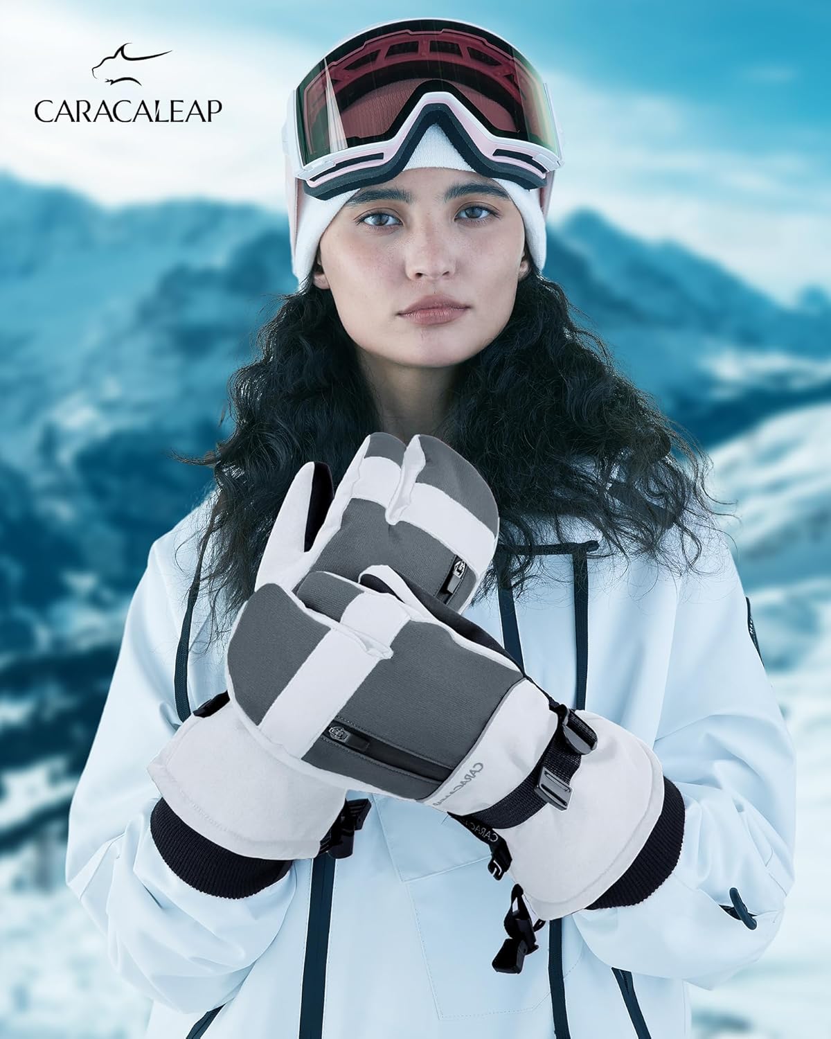 Caracaleap Ski Gloves Men Women Mittens 3 Finger Gloves Waterproof Winter Gloves for Skiing Snowboard Ice Skating Hiking