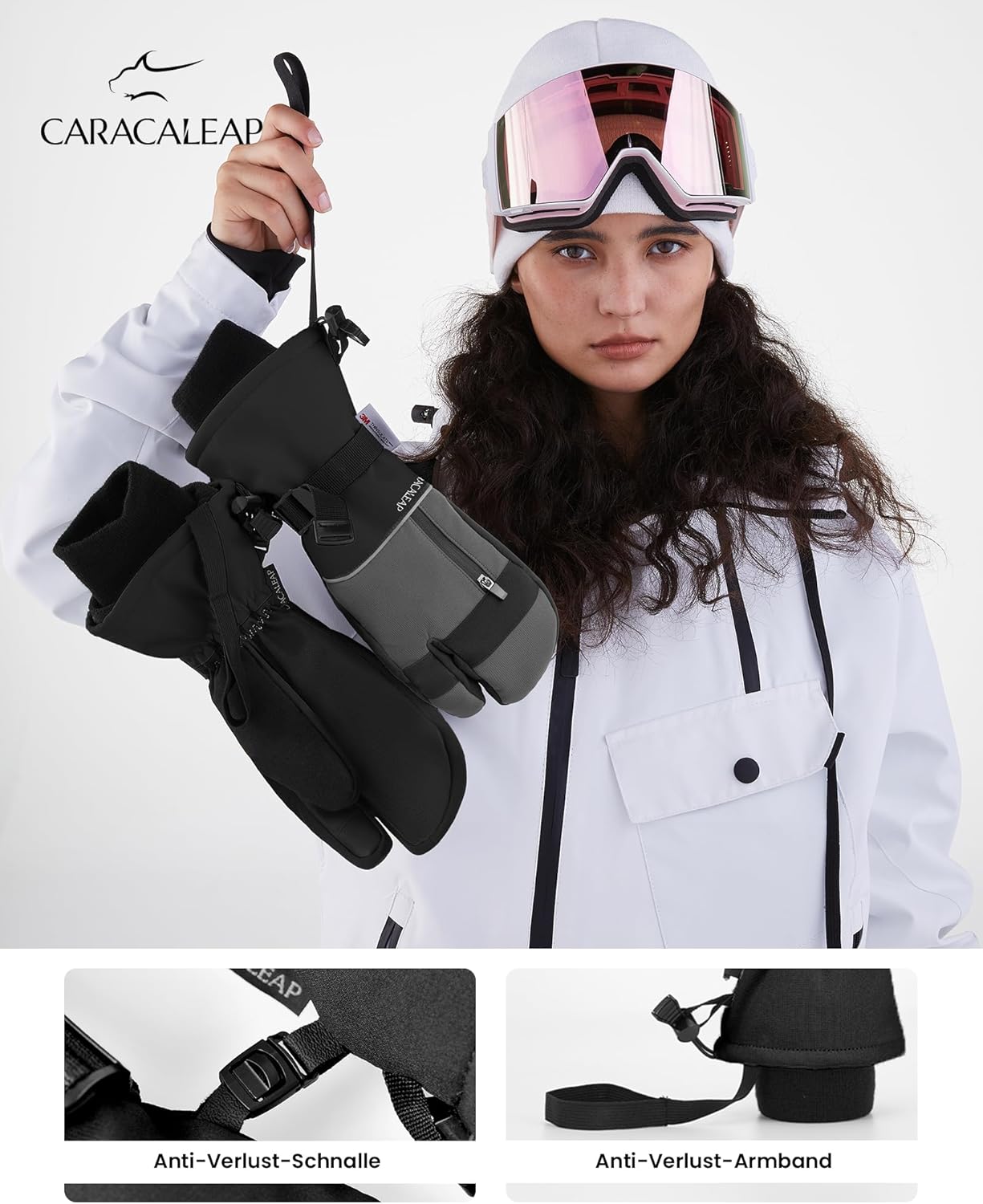 Caracaleap Ski Gloves Men Women Mittens 3 Finger Gloves Waterproof Winter Gloves for Skiing Snowboard Ice Skating Hiking