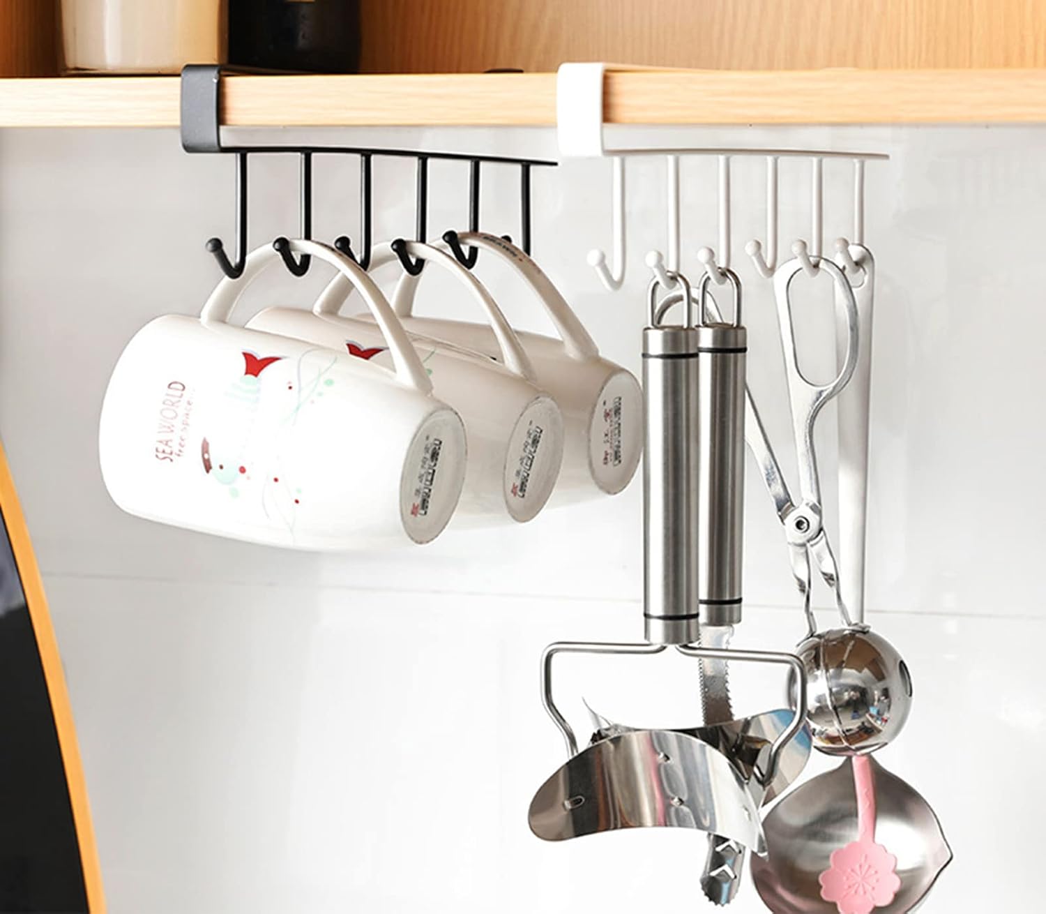 Aeixlum-2pcs Mug Holder,Coffee Cup Holder for Kitchen,Kitchen Utensil Storage Hook,Fit for 1 Inch Thickness Shelf or Less. (White)