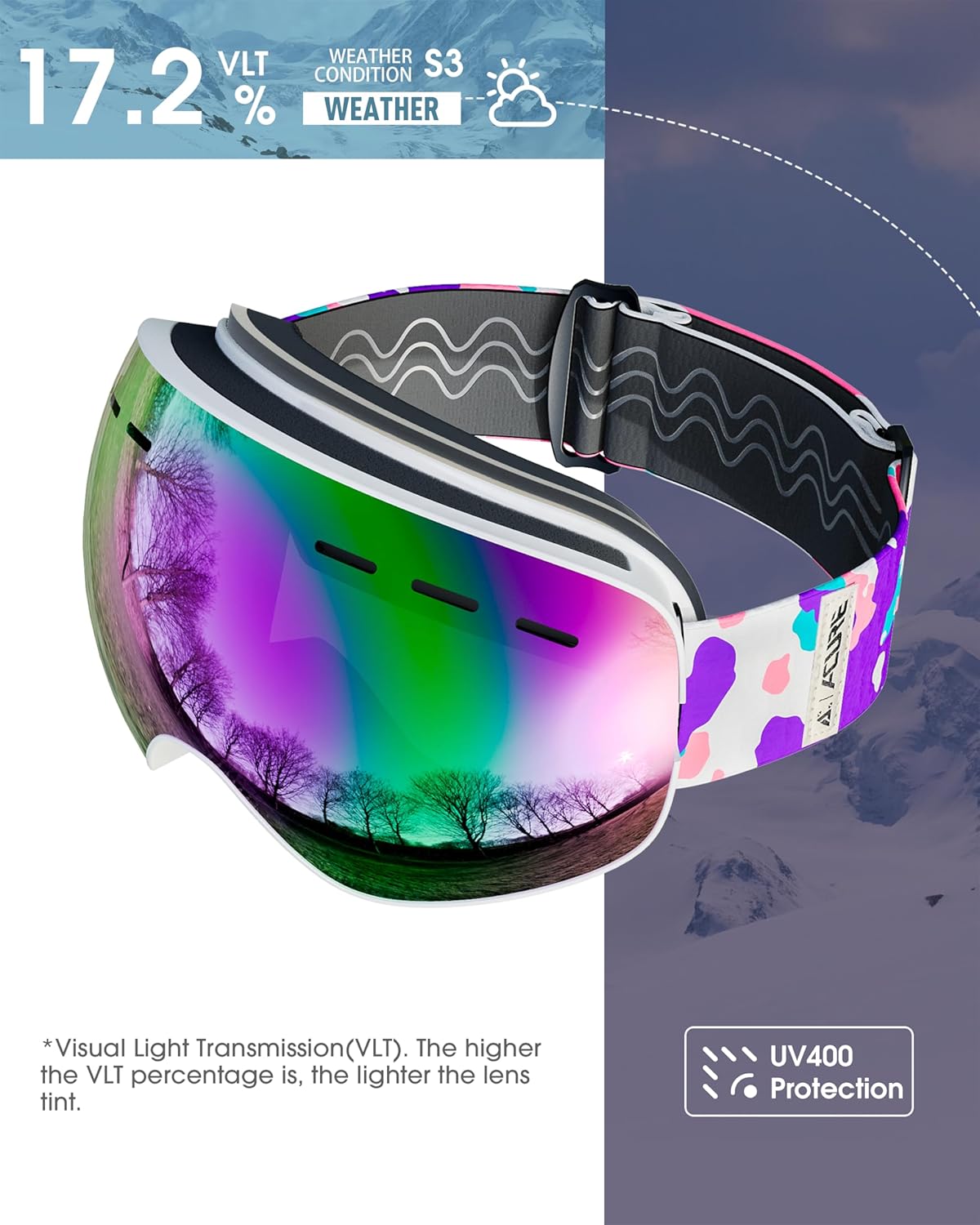 ACURE Ski Goggles, OTG Frameless Snow Snowboard Goggles of Dual Lens with Anti Fog & UV400 Protection for Men, Women, Youth