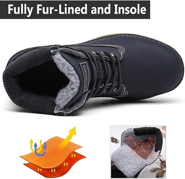 Snow Boots Womens Mens Winter Flat Ankle Boots Warm Fur Lined Fashion Combat Leather Shoes Casual Work Walking Hiking Lace Up Outdoor Trainer Urban