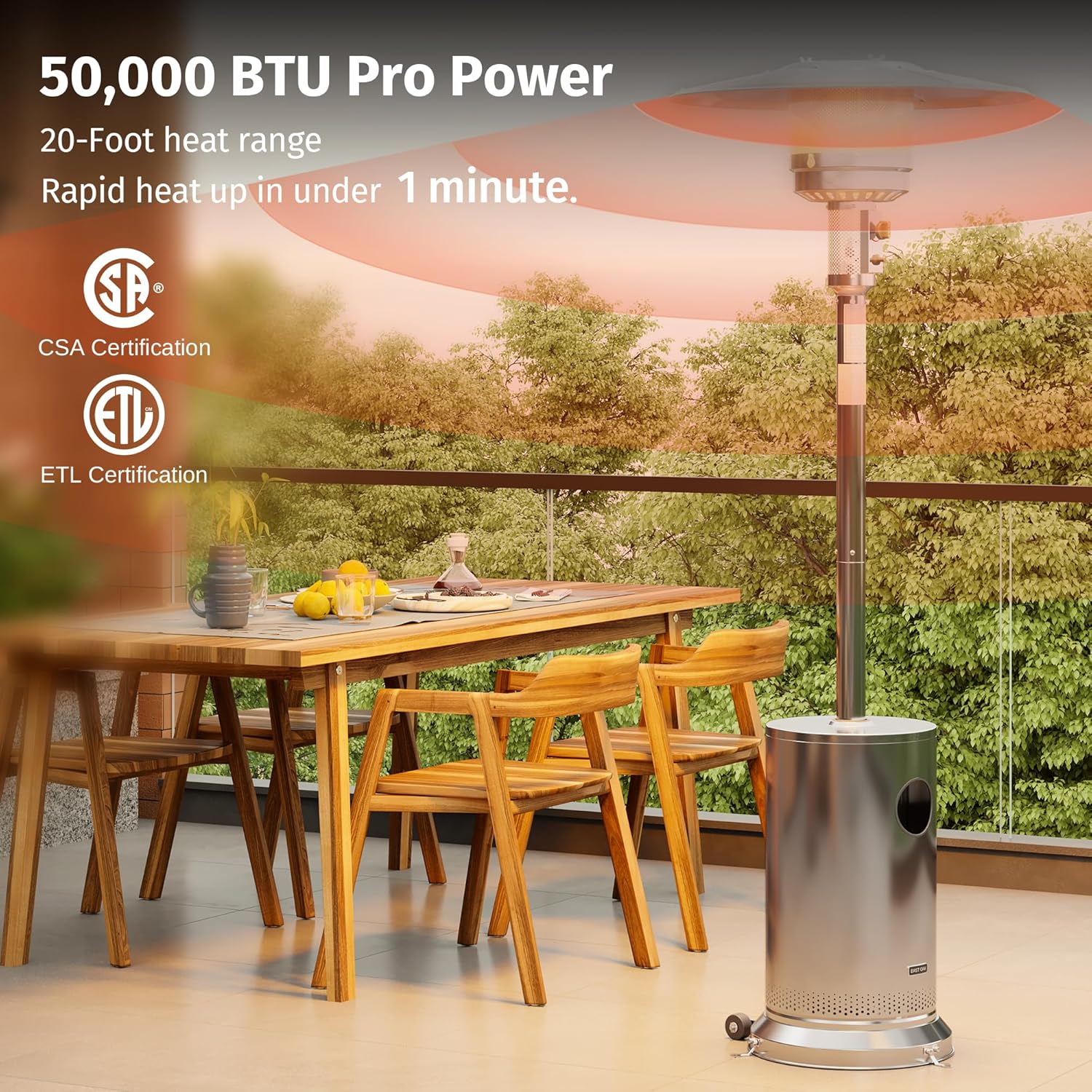 50,000 BTU Patio Heater for Outdoor Use With Round Table Design, Double-Layer Stainless Steel Burner and Wheels, Outdoor Patio Heater for Home and Commercial, Bronze, 31.9 x 31.9 x 86.6