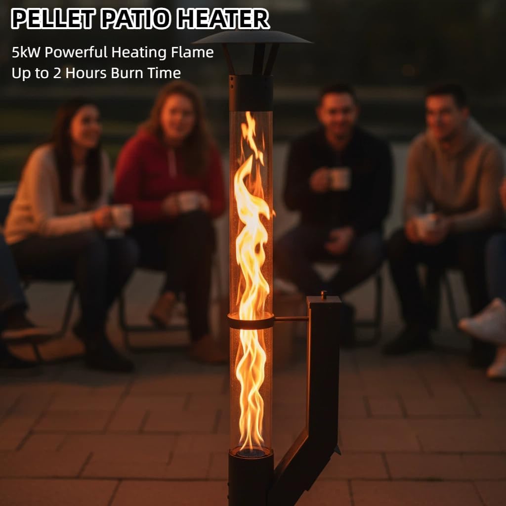 Nygira 61 Inch Patio Heater, Pellet Stove, Wood Pellet Heater for Outdoor with Exclusive Rain Cap, Smokeless Wood Pellet Burning Flame, All-Weather for Garden, Backyard, Party,Matte Black