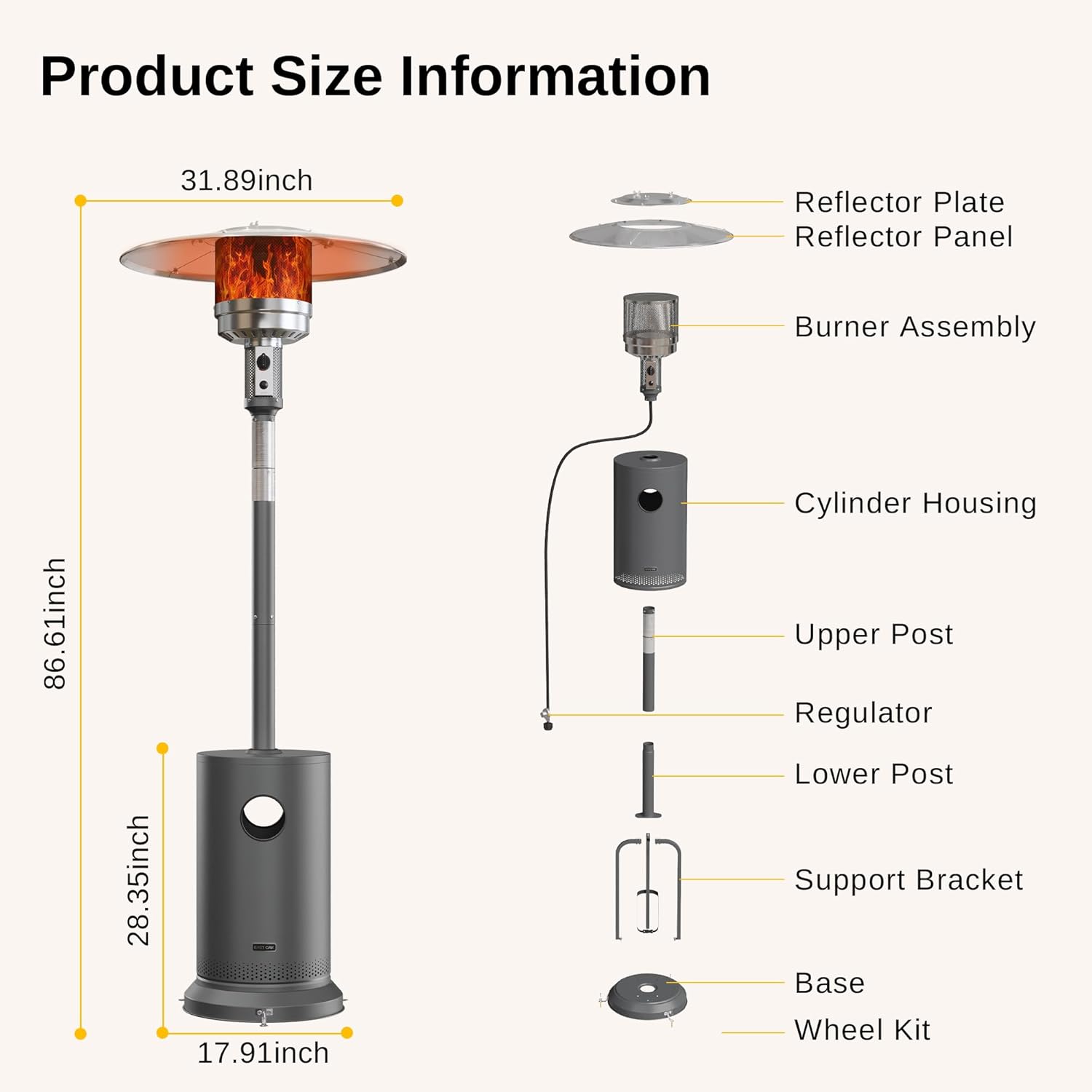 50,000 BTU Patio Heater for Outdoor Use With Round Table Design, Double-Layer Stainless Steel Burner and Wheels, Outdoor Patio Heater for Home and Commercial, Bronze, 31.9 x 31.9 x 86.6