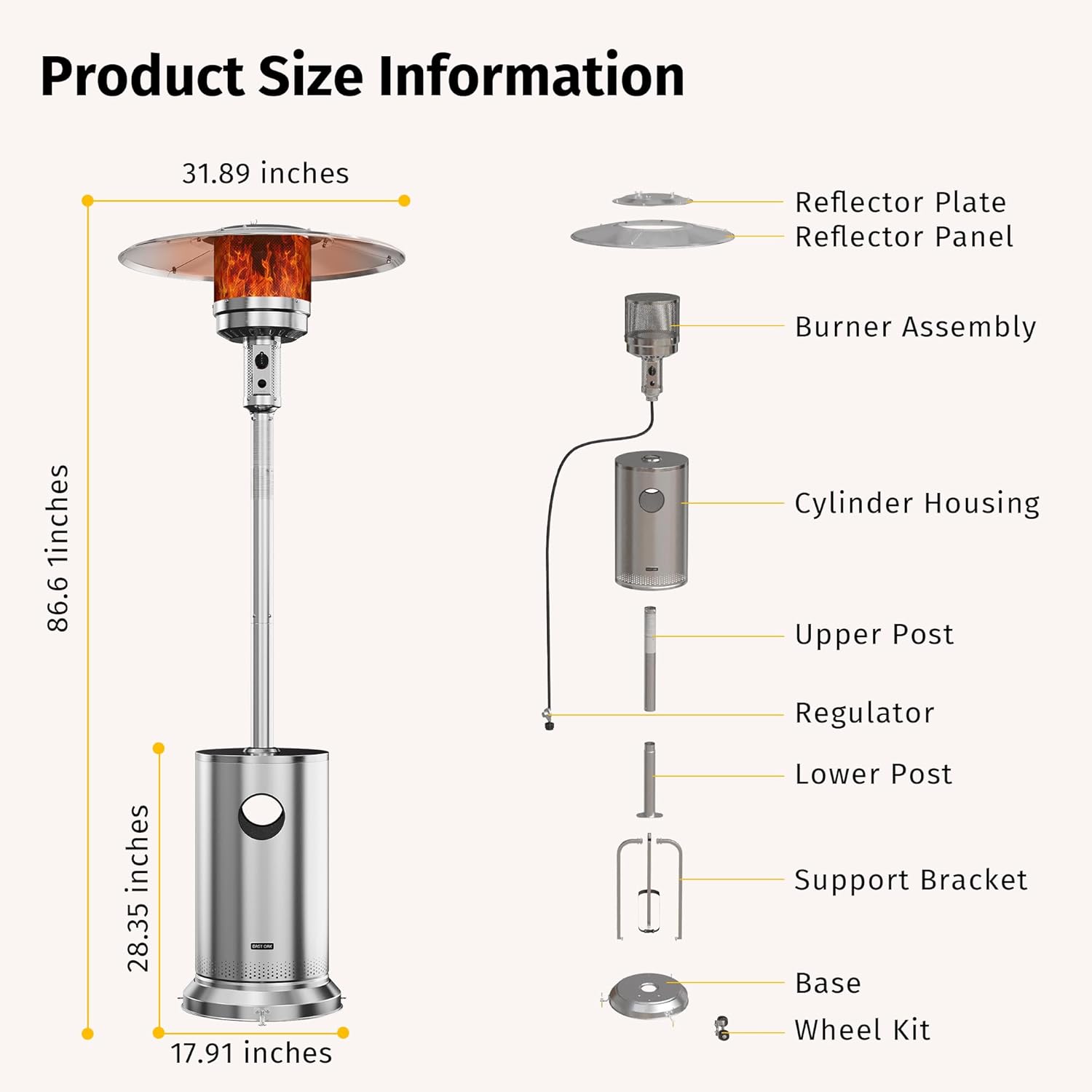 50,000 BTU Patio Heater for Outdoor Use With Round Table Design, Double-Layer Stainless Steel Burner and Wheels, Outdoor Patio Heater for Home and Commercial, Bronze, 31.9 x 31.9 x 86.6