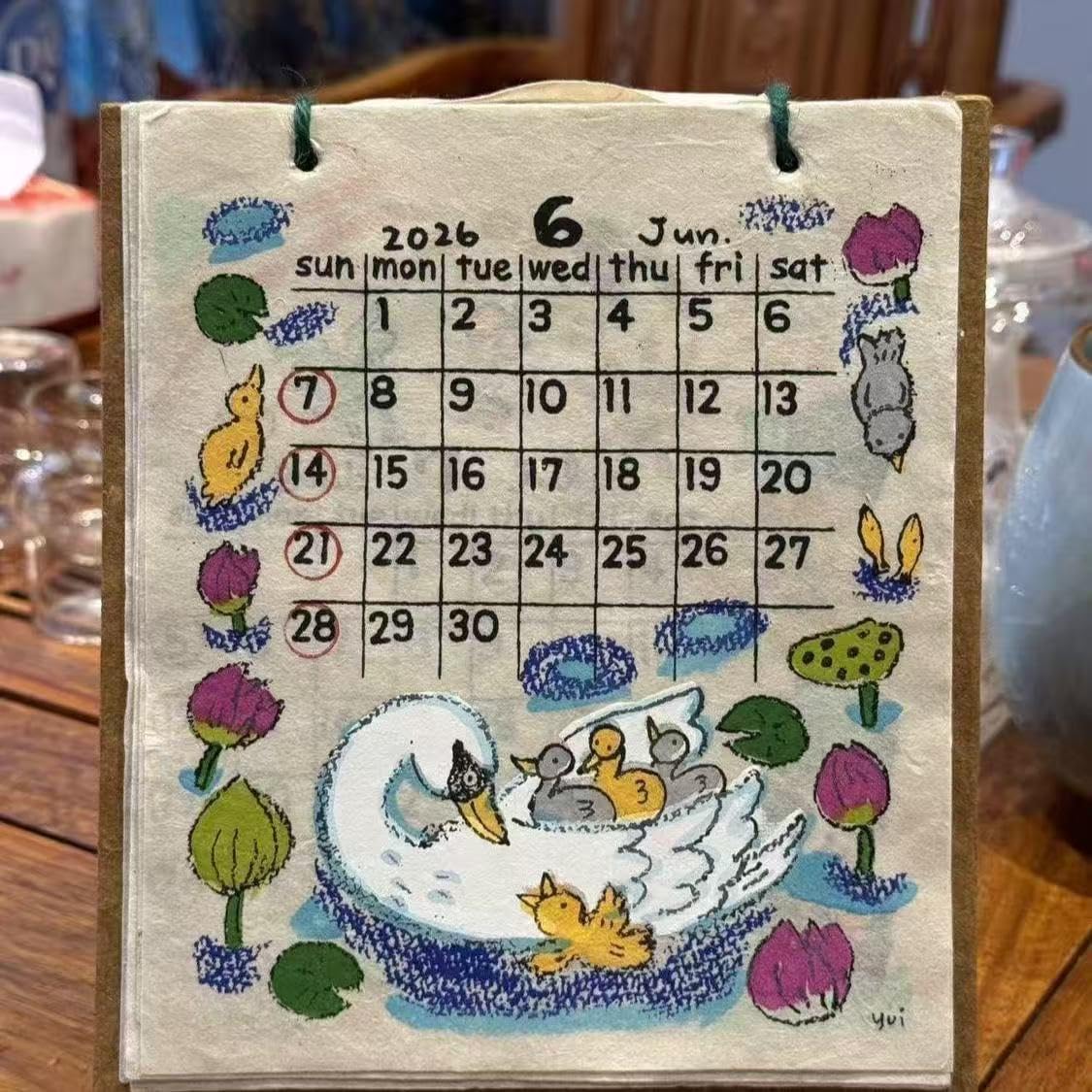 Handmade Nepalese 2026 Wall Calendar, Hand-Drawn Monthly Planner with Cute Animal Illustrations, Decorative Paper Calendar for Home and Office