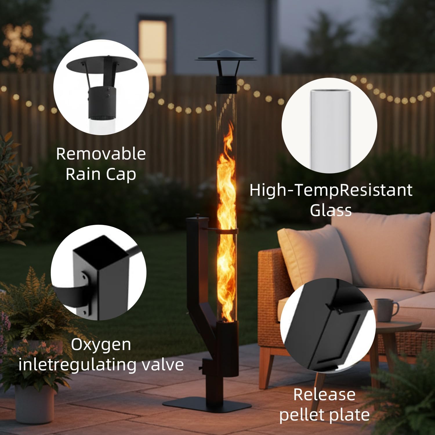 Nygira 61 Inch Patio Heater, Pellet Stove, Wood Pellet Heater for Outdoor with Exclusive Rain Cap, Smokeless Wood Pellet Burning Flame, All-Weather for Garden, Backyard, Party,Matte Black