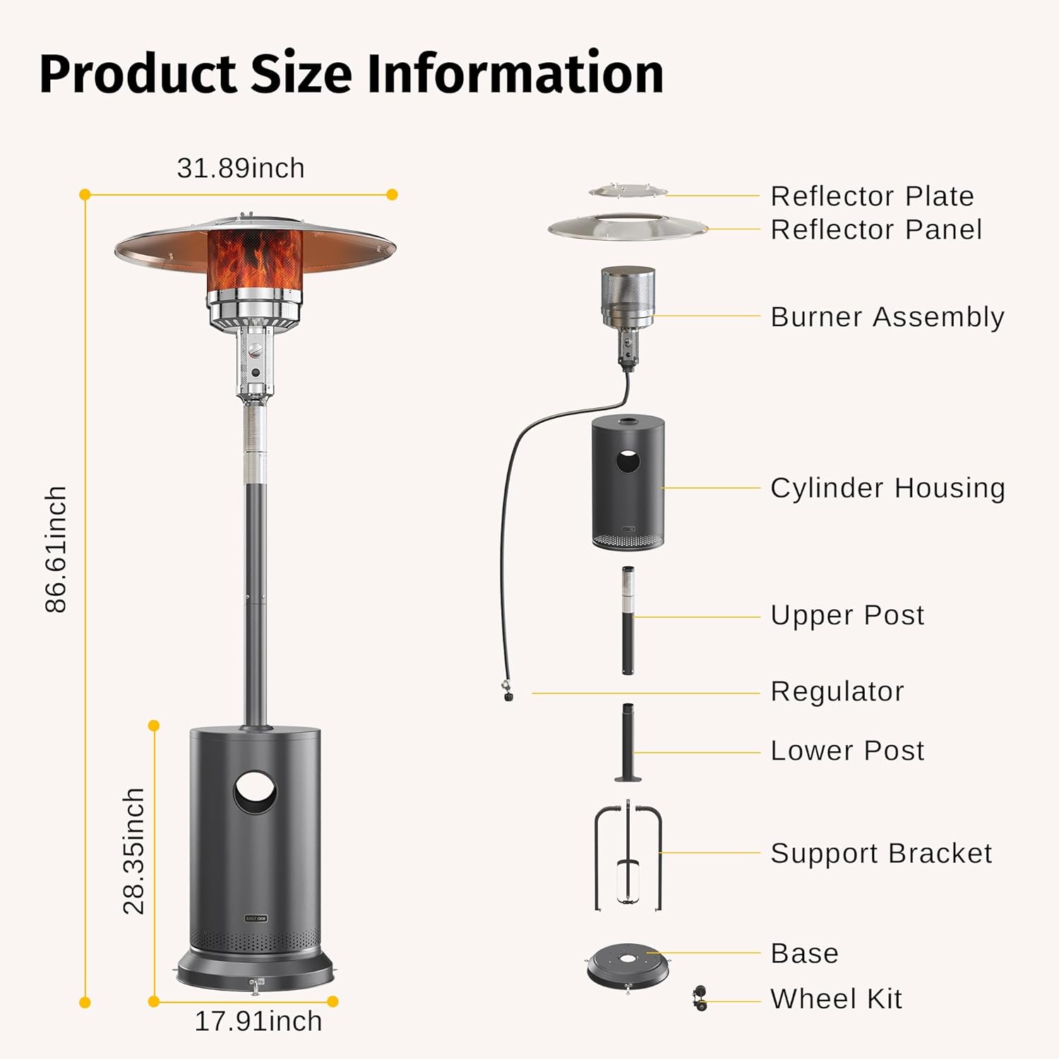 50,000 BTU Patio Heater for Outdoor Use With Round Table Design, Double-Layer Stainless Steel Burner and Wheels, Outdoor Patio Heater for Home and Commercial, Bronze, 31.9 x 31.9 x 86.6