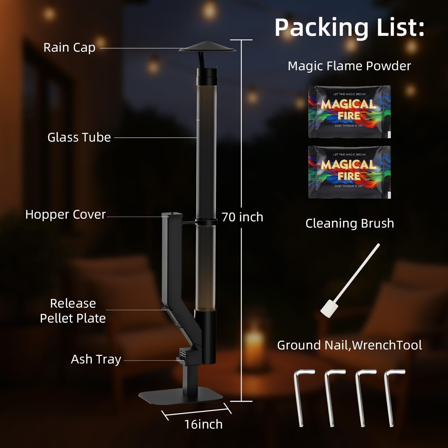 Nygira 61 Inch Patio Heater, Pellet Stove, Wood Pellet Heater for Outdoor with Exclusive Rain Cap, Smokeless Wood Pellet Burning Flame, All-Weather for Garden, Backyard, Party,Matte Black