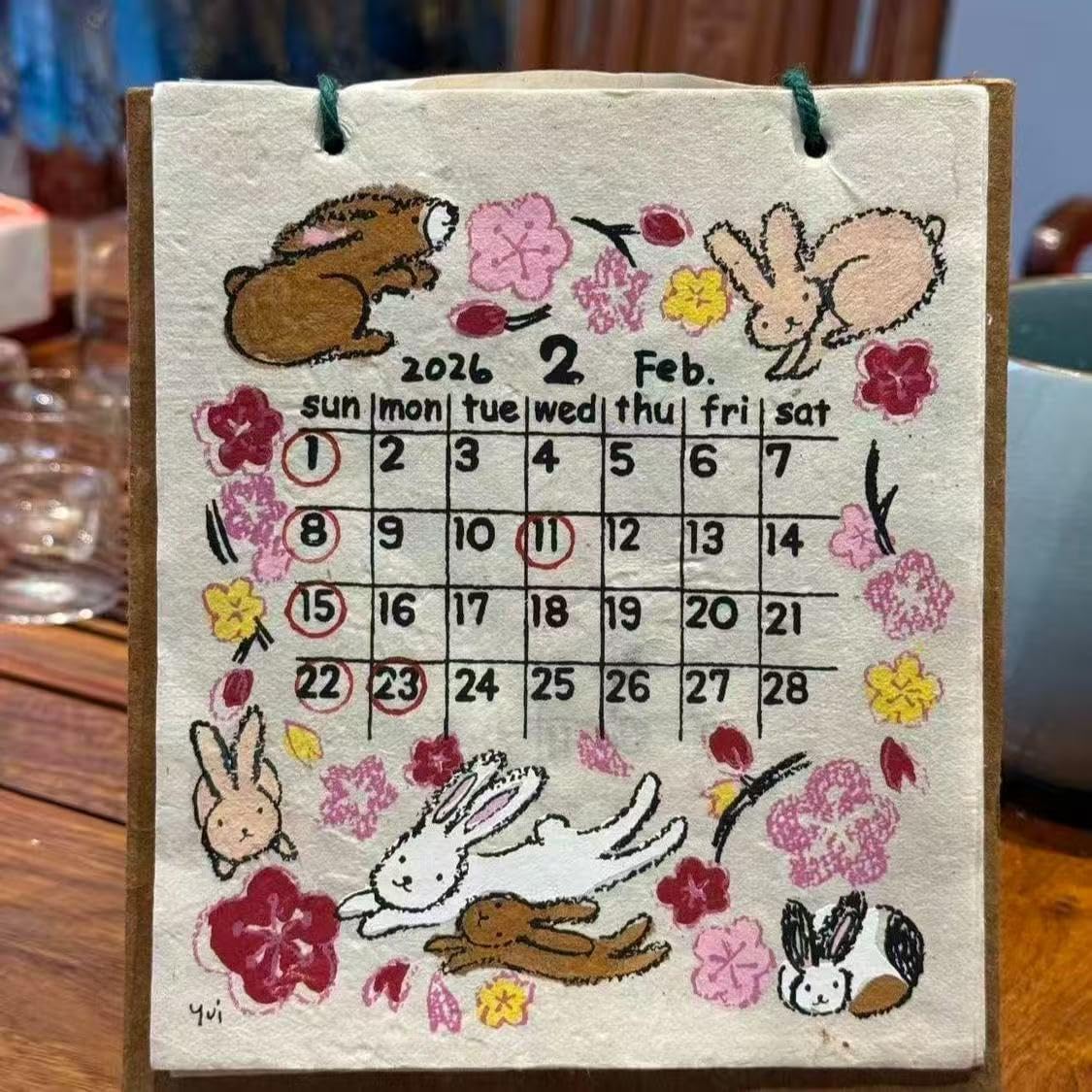 Handmade Nepalese 2026 Wall Calendar, Hand-Drawn Monthly Planner with Cute Animal Illustrations, Decorative Paper Calendar for Home and Office
