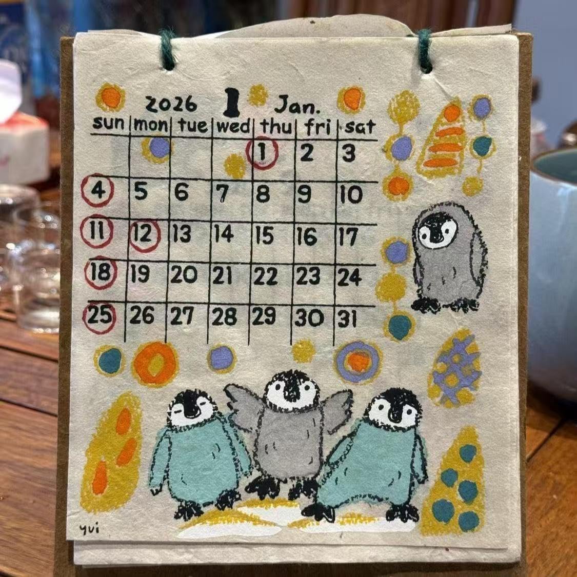 Handmade Nepalese 2026 Wall Calendar, Hand-Drawn Monthly Planner with Cute Animal Illustrations, Decorative Paper Calendar for Home and Office