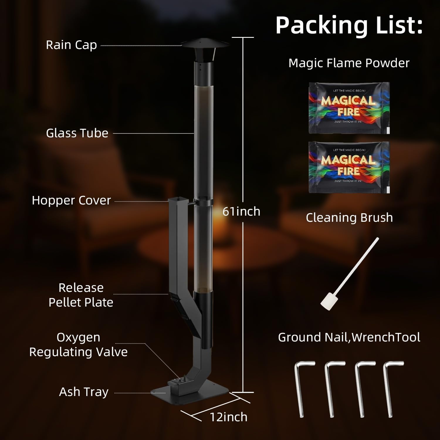 Nygira 61 Inch Patio Heater, Pellet Stove, Wood Pellet Heater for Outdoor with Exclusive Rain Cap, Smokeless Wood Pellet Burning Flame, All-Weather for Garden, Backyard, Party,Matte Black