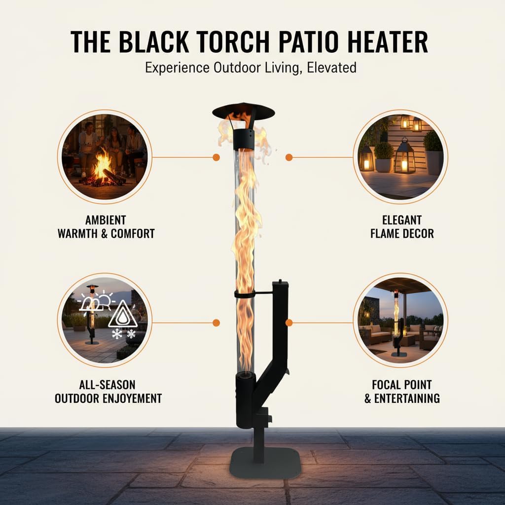 Nygira 61 Inch Patio Heater, Pellet Stove, Wood Pellet Heater for Outdoor with Exclusive Rain Cap, Smokeless Wood Pellet Burning Flame, All-Weather for Garden, Backyard, Party,Matte Black