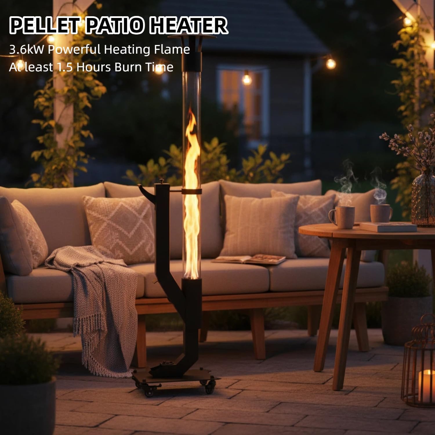 Nygira 61 Inch Patio Heater, Pellet Stove, Wood Pellet Heater for Outdoor with Exclusive Rain Cap, Smokeless Wood Pellet Burning Flame, All-Weather for Garden, Backyard, Party,Matte Black