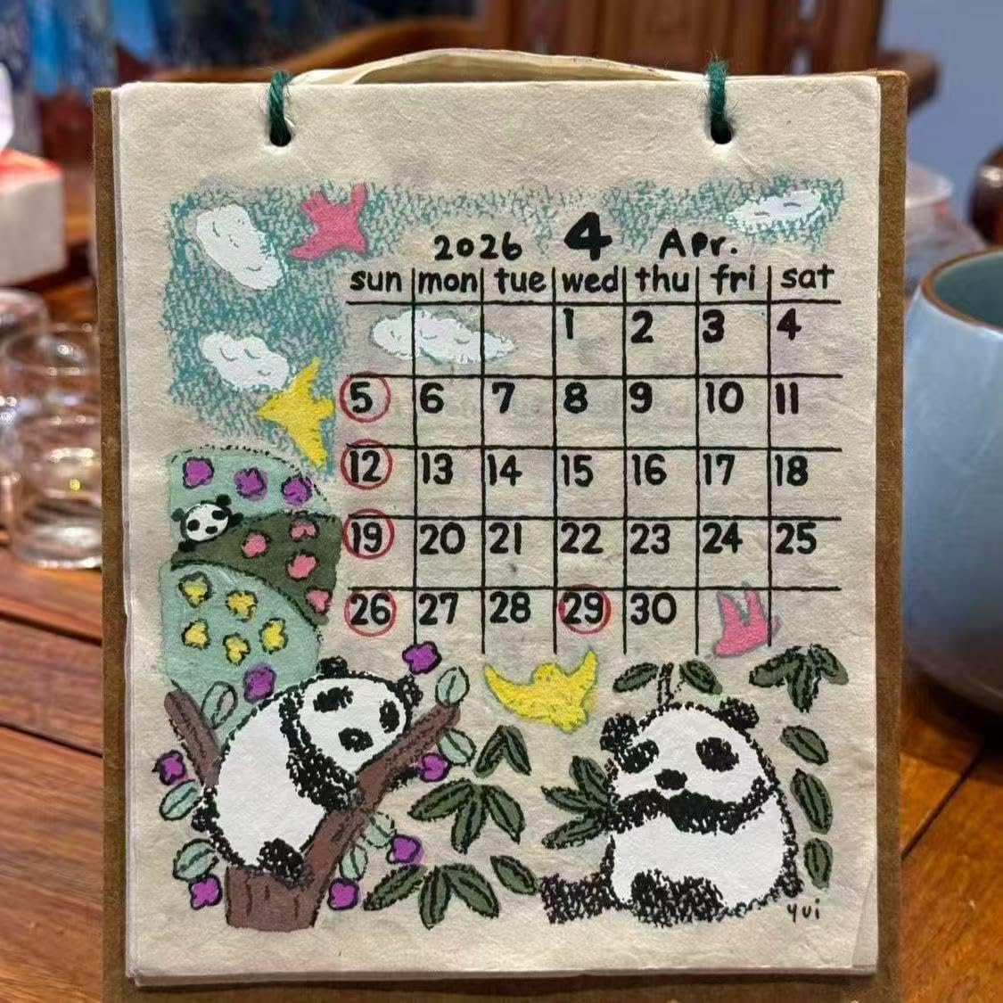 Handmade Nepalese 2026 Wall Calendar, Hand-Drawn Monthly Planner with Cute Animal Illustrations, Decorative Paper Calendar for Home and Office