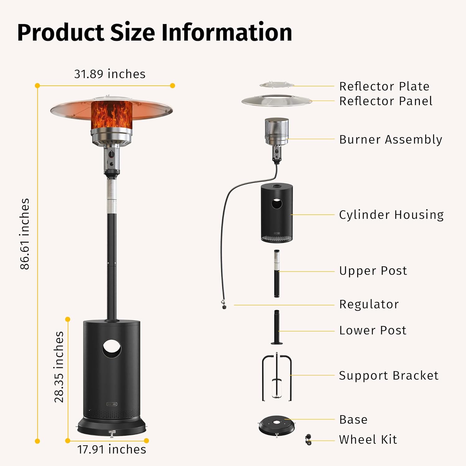50,000 BTU Patio Heater for Outdoor Use With Round Table Design, Double-Layer Stainless Steel Burner and Wheels, Outdoor Patio Heater for Home and Commercial, Bronze, 31.9 x 31.9 x 86.6