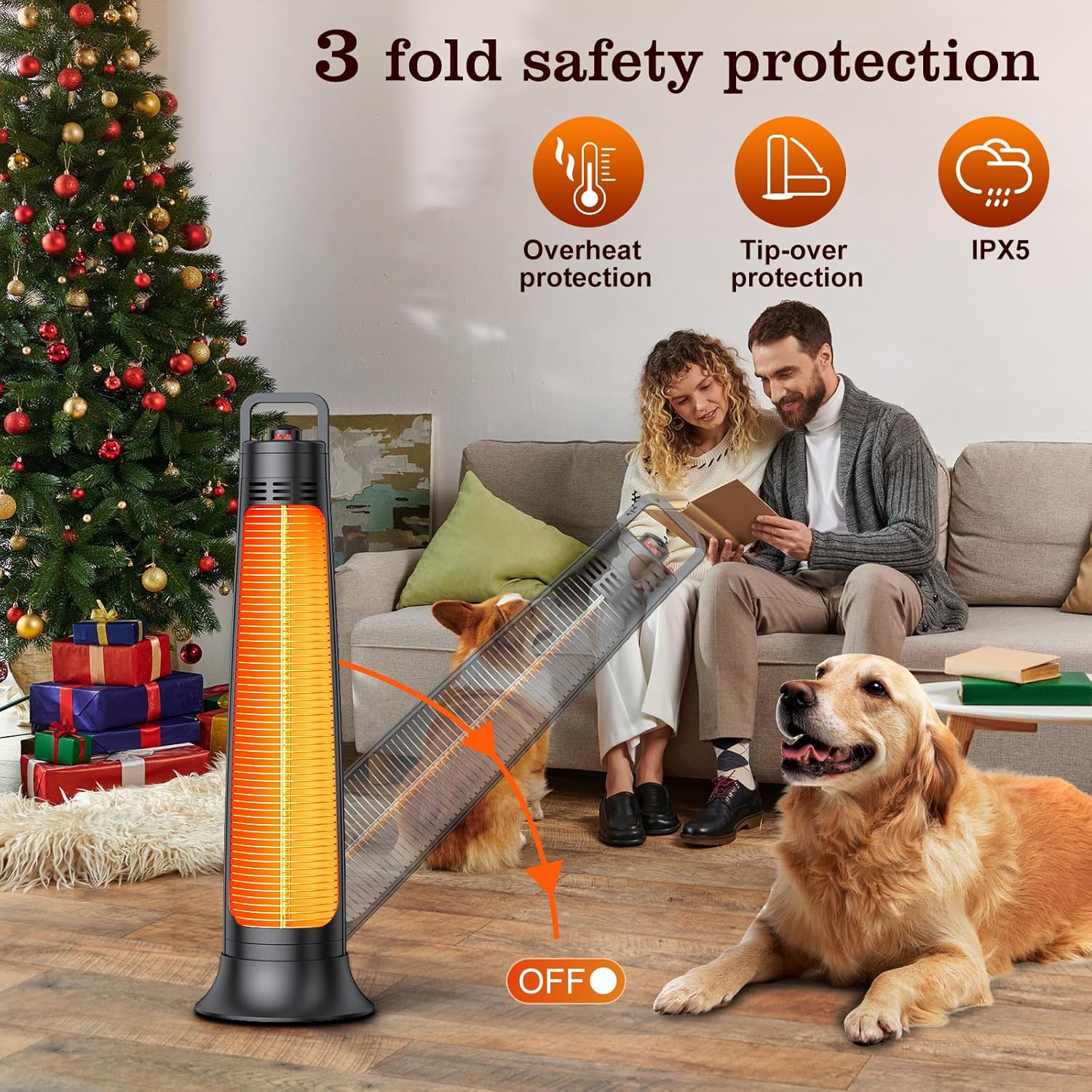 Outdoor Patio Heater, Electric Infrared Heat for Garage Backyard Indoor use, Portable Space Radiant Tower Heater with 60° Oscillating, Tip-over & Overheat Protection, Super Quiet,Waterproof, Black