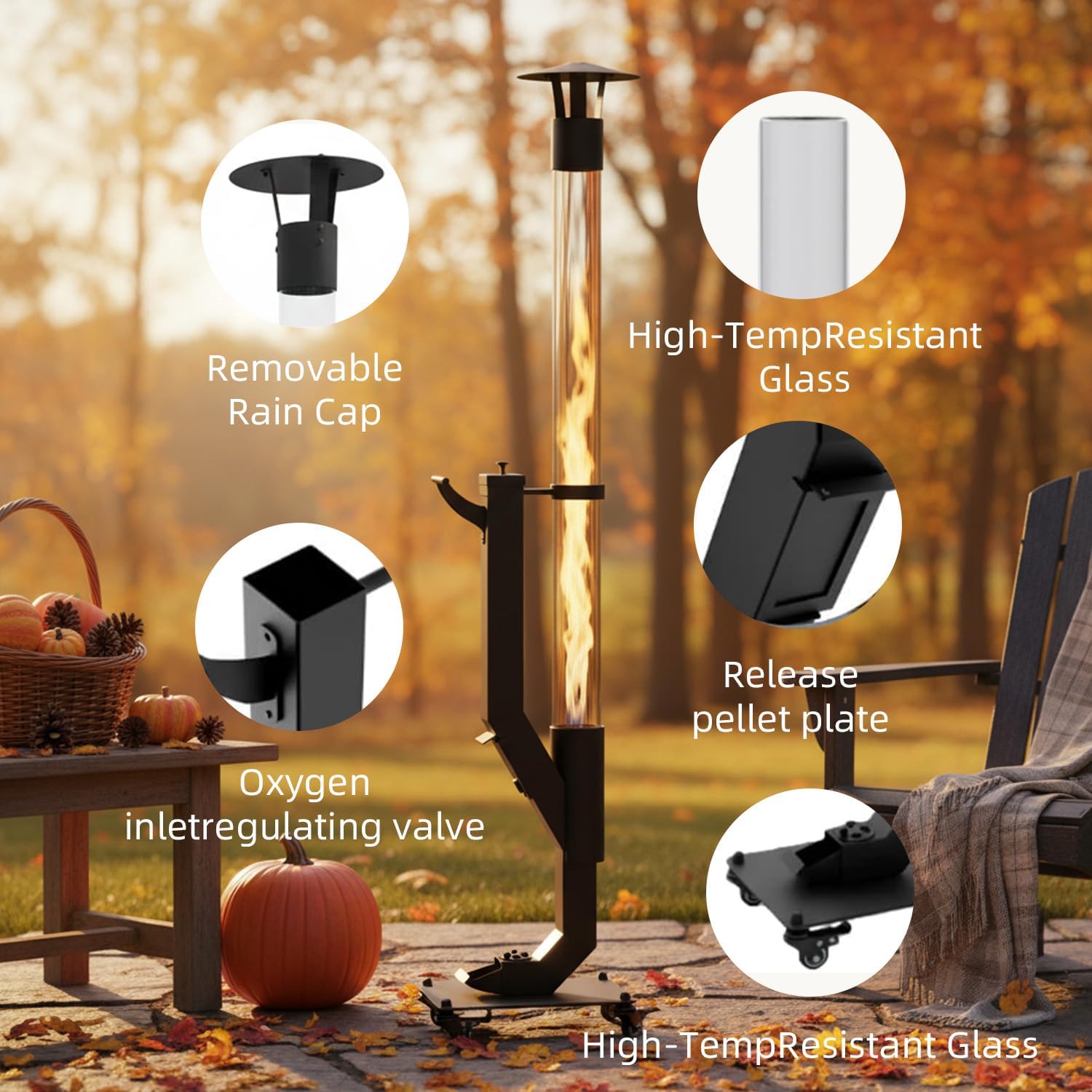 Nygira 61 Inch Patio Heater, Pellet Stove, Wood Pellet Heater for Outdoor with Exclusive Rain Cap, Smokeless Wood Pellet Burning Flame, All-Weather for Garden, Backyard, Party,Matte Black