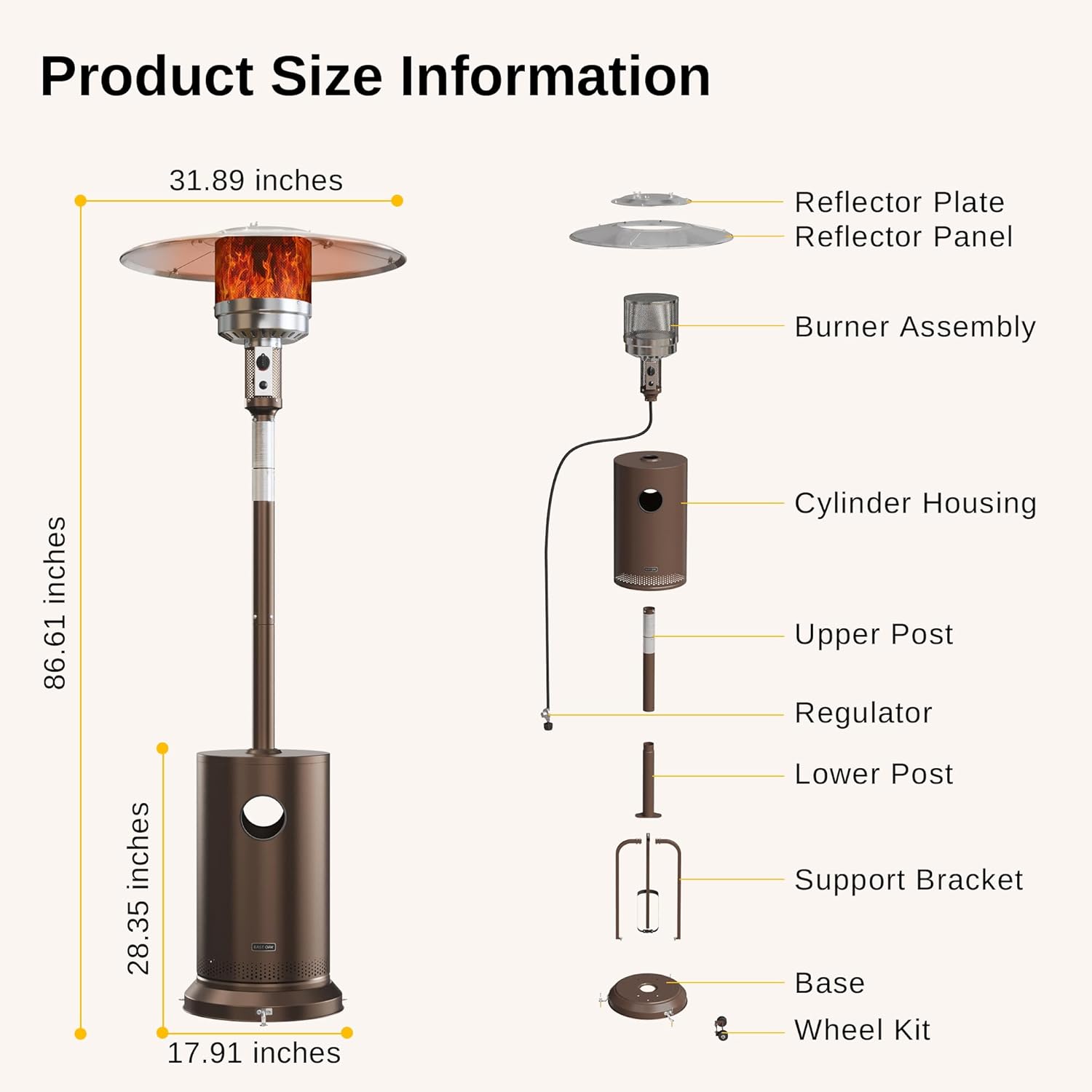 50,000 BTU Patio Heater for Outdoor Use With Round Table Design, Double-Layer Stainless Steel Burner and Wheels, Outdoor Patio Heater for Home and Commercial, Bronze, 31.9 x 31.9 x 86.6