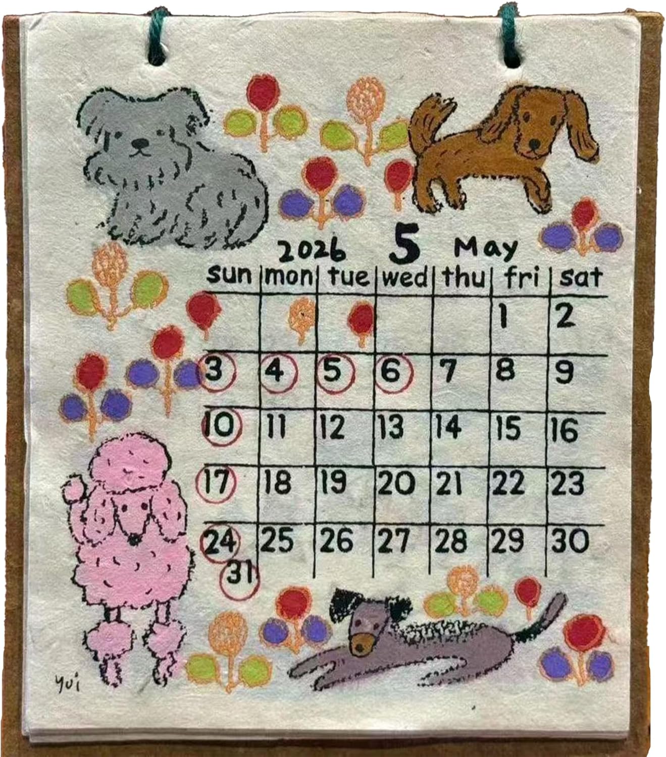 Handmade Nepalese 2026 Wall Calendar, Hand-Drawn Monthly Planner with Cute Animal Illustrations, Decorative Paper Calendar for Home and Office