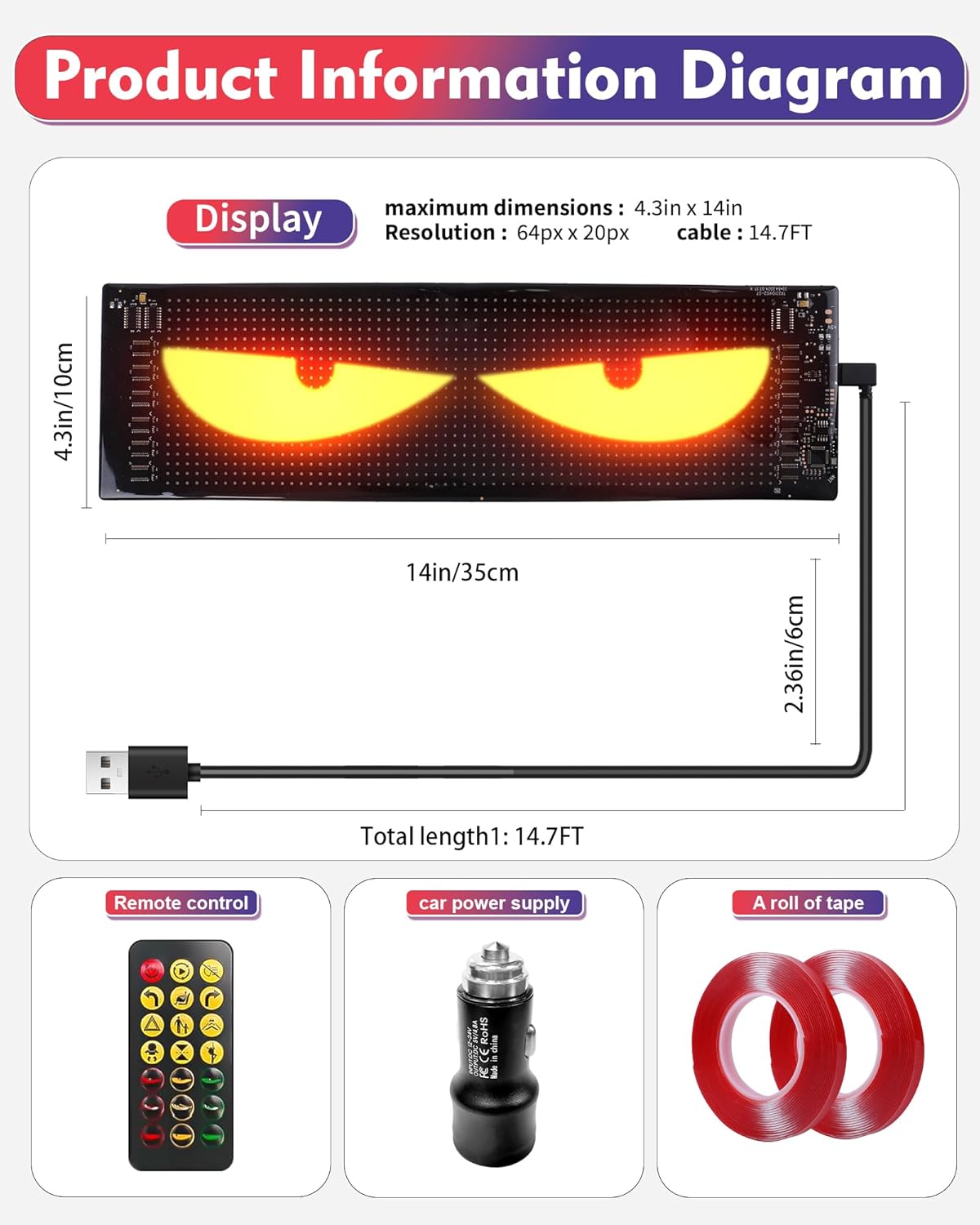 CRILEAL Devil's Eye 2-Pack: 19.3x4.3 Dual LED Eyes – Perfect Sync Windshield Display for Cars, SUVs & Trucks | Programmable USB Matrix, App/Remote Control, Custom Car Sign