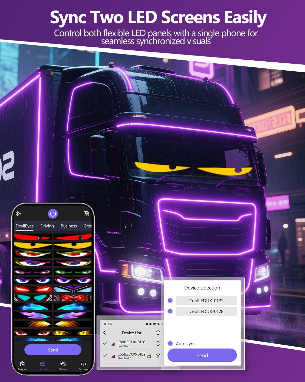 XAXVSTS Multifunctional Bright 2PCS Devil Eyes Cars SUVs & Trucks Windshield - 19in x 5in [ 2025 Tech Two Screen Synchronization Chips ] Flexible Programmable LED Eyes for Car