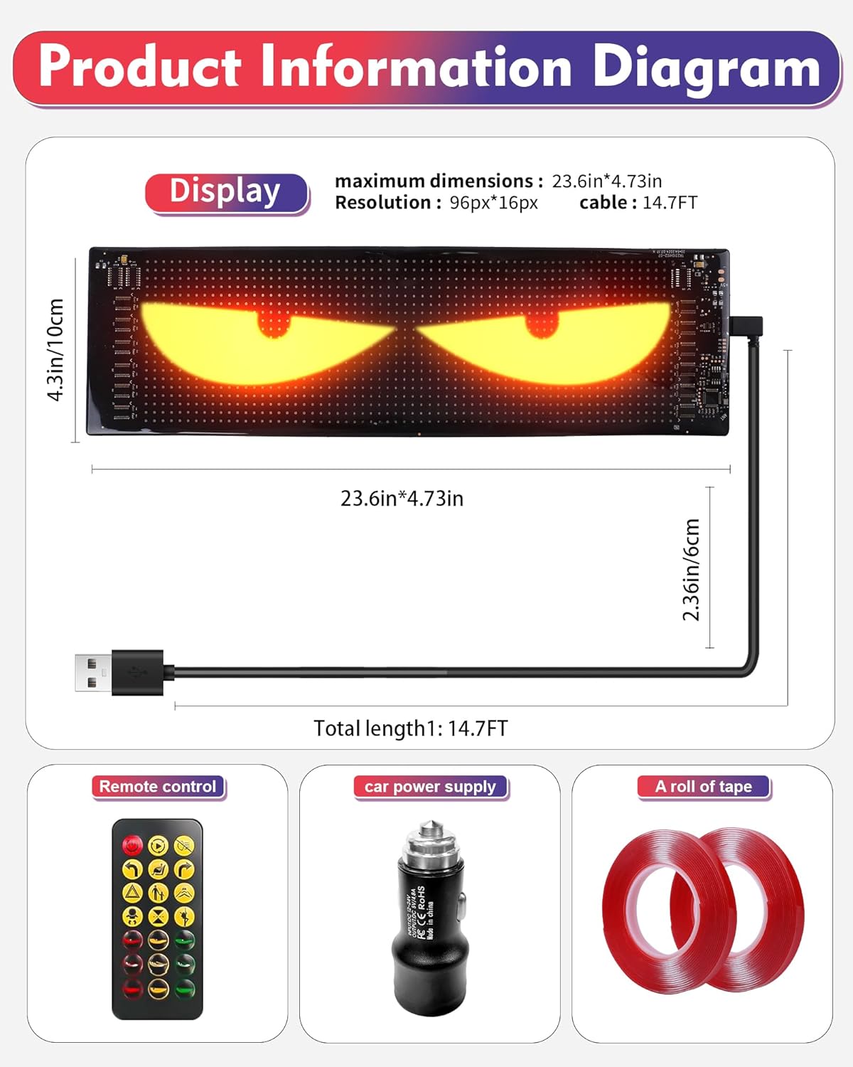 CRILEAL Devil's Eye 2-Pack: 19.3x4.3 Dual LED Eyes – Perfect Sync Windshield Display for Cars, SUVs & Trucks | Programmable USB Matrix, App/Remote Control, Custom Car Sign