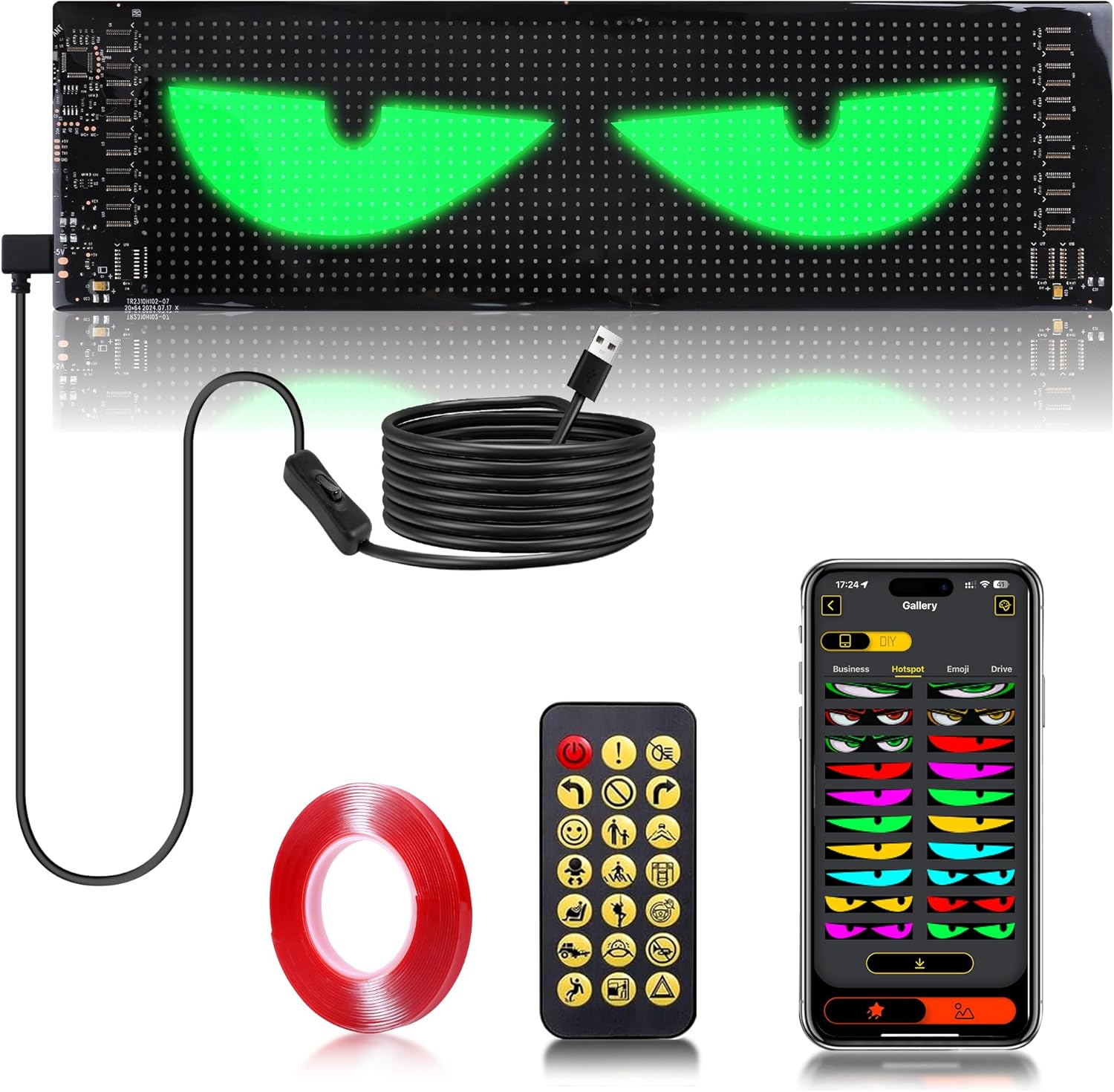 Sachie Devil's Eye 2-Pack:5800 Lux High-Brightness14 x4.3 Programmable ojos led para carro Windshield Display for Sedans, SUVs & Medium Trucks - USB-Powered LED Matrix Panel, Remote/App Control