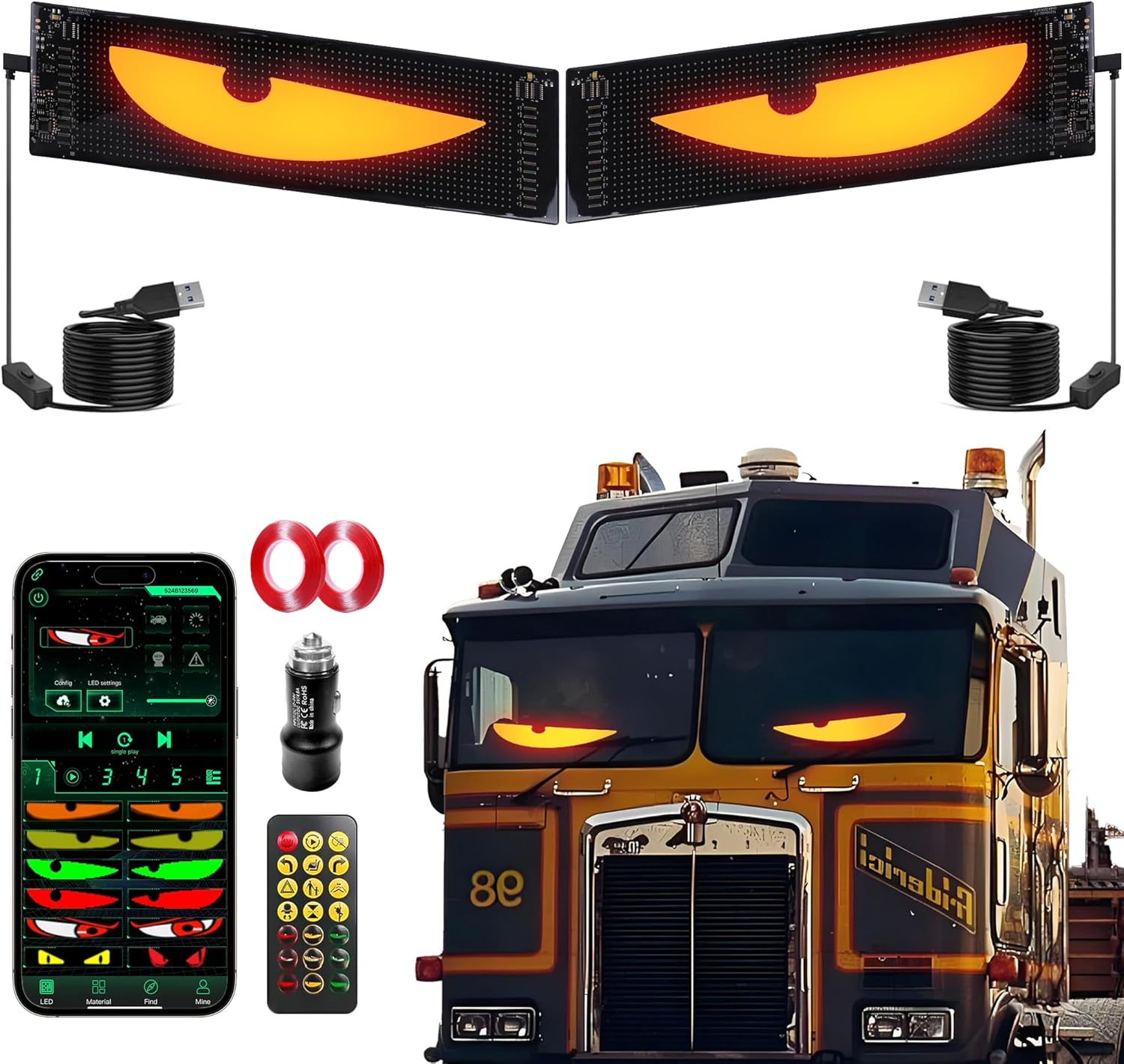 CRILEAL Devil's Eye 2-Pack: 19.3x4.3 Dual LED Eyes – Perfect Sync Windshield Display for Cars, SUVs & Trucks | Programmable USB Matrix, App/Remote Control, Custom Car Sign