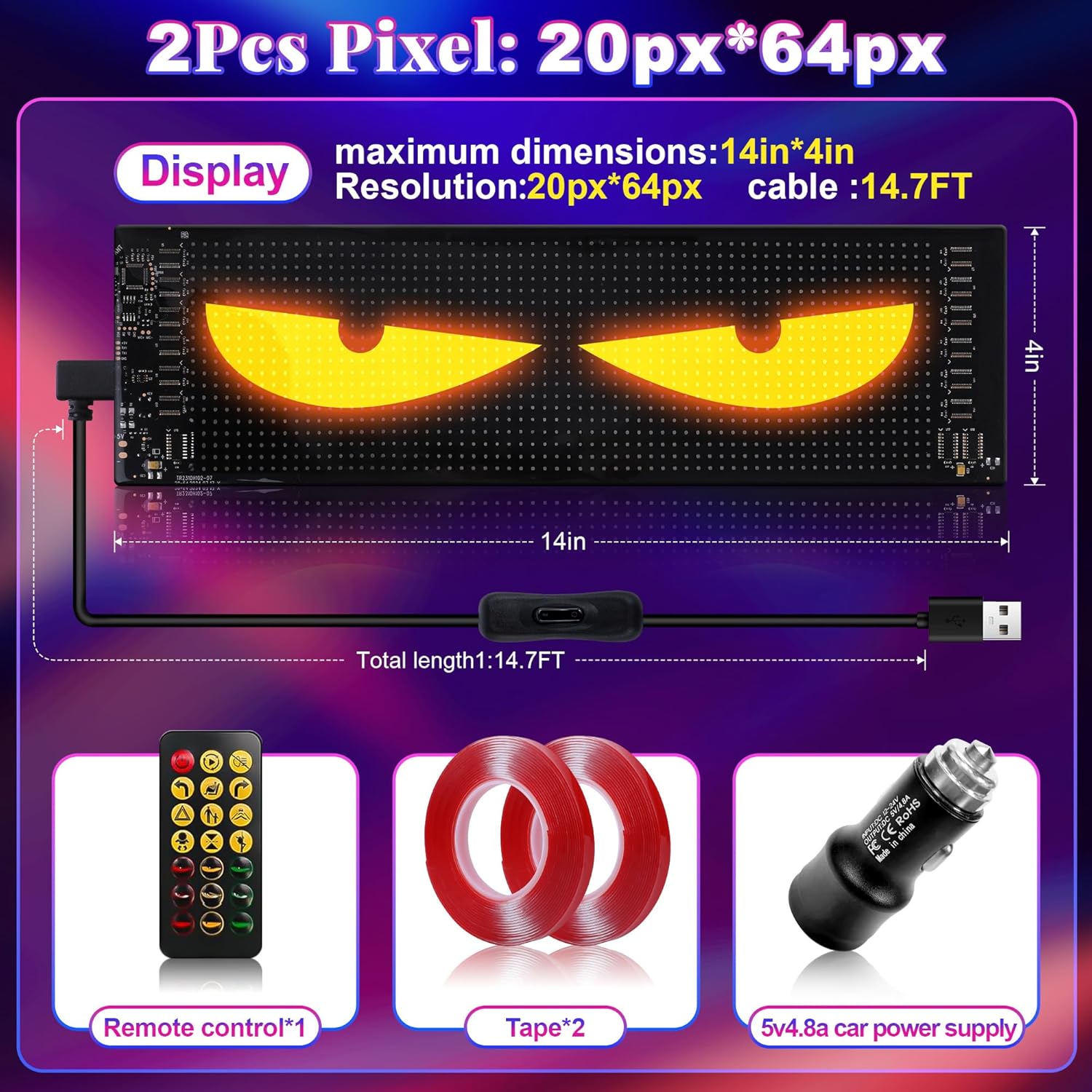 Sachie Devil's Eye 2-Pack:5800 Lux High-Brightness14 x4.3 Programmable ojos led para carro Windshield Display for Sedans, SUVs & Medium Trucks - USB-Powered LED Matrix Panel, Remote/App Control