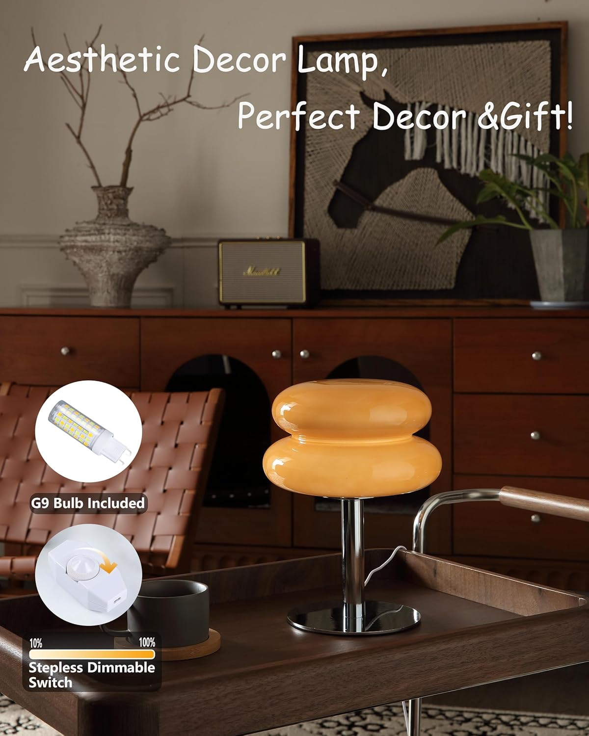 Glivpny Mushroom Lamp for Bedroom,Mid Century Modern Lamp for Nightstand, Dimmable Retro Egg Tart Bedside Small Lamps,Unique Home Mushroom Decor Aesthetic Cute Table Lamps for Living Room (Orange)