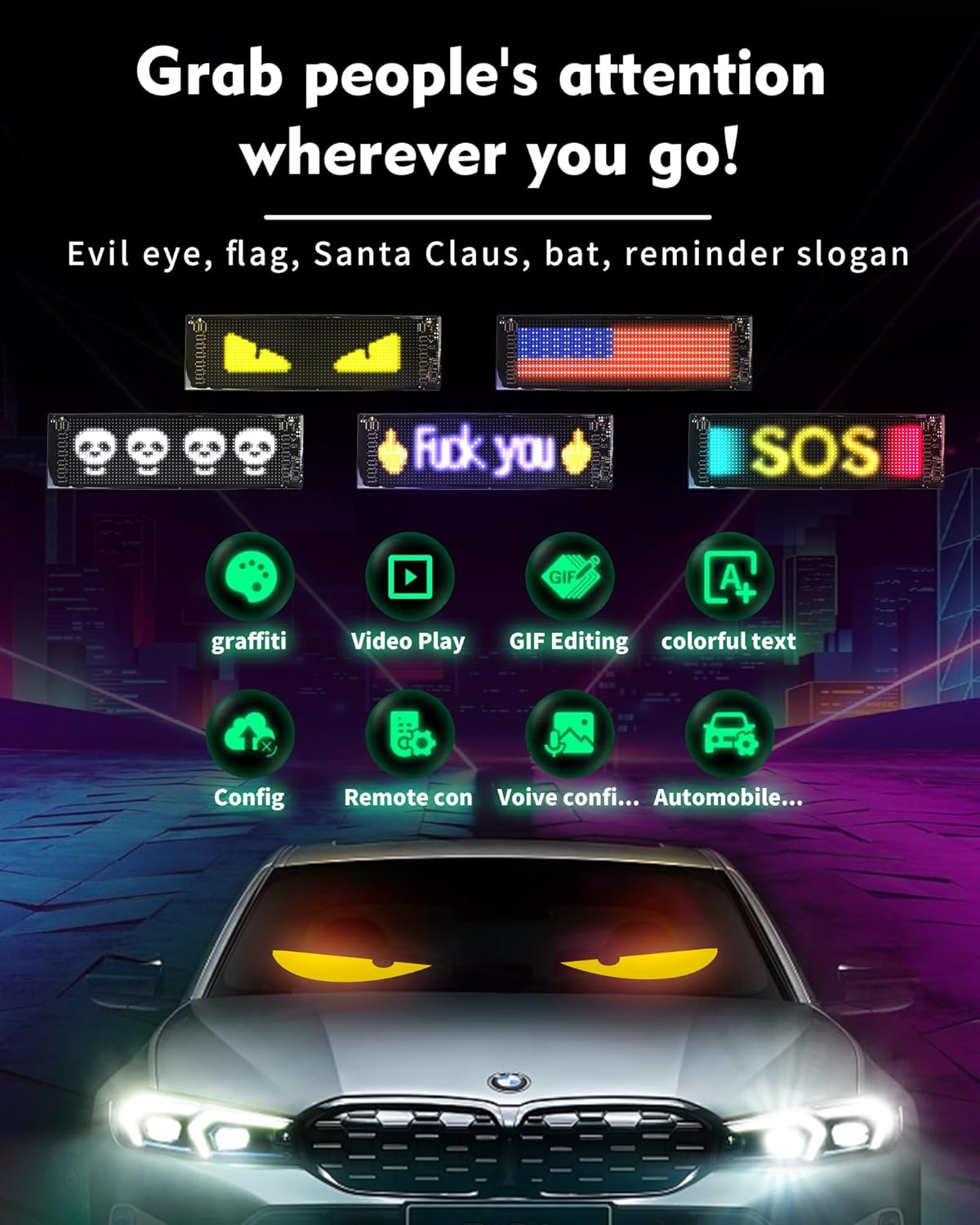 CRILEAL Devil's Eye 2-Pack: 19.3x4.3 Dual LED Eyes – Perfect Sync Windshield Display for Cars, SUVs & Trucks | Programmable USB Matrix, App/Remote Control, Custom Car Sign