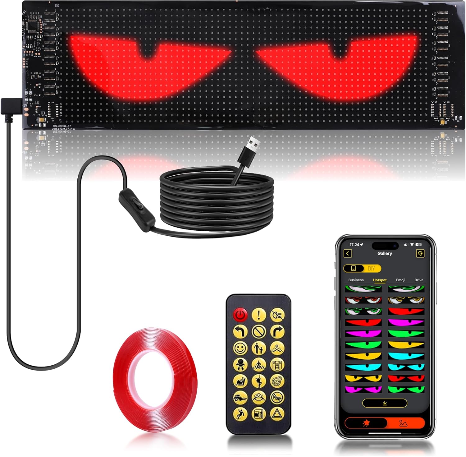 Sachie Devil's Eye 2-Pack:5800 Lux High-Brightness14 x4.3 Programmable ojos led para carro Windshield Display for Sedans, SUVs & Medium Trucks - USB-Powered LED Matrix Panel, Remote/App Control