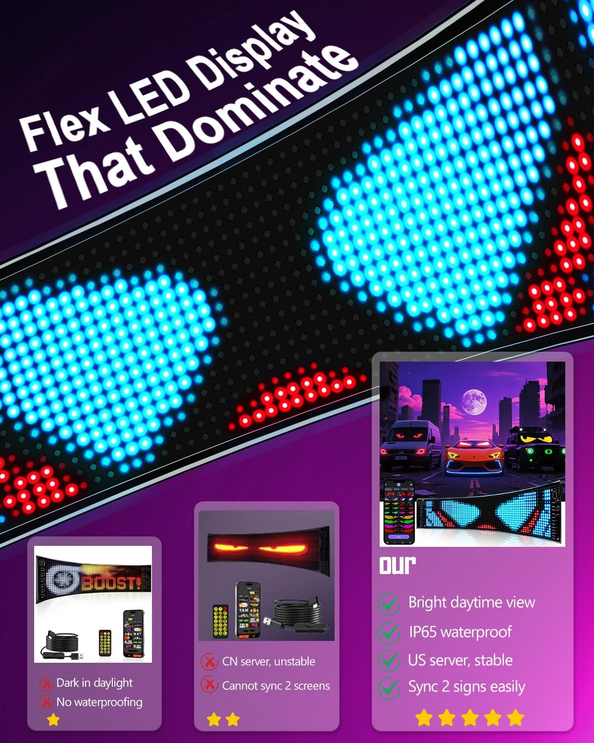 XAXVSTS Multifunctional Bright 2PCS Devil Eyes Cars SUVs & Trucks Windshield - 19in x 5in [ 2025 Tech Two Screen Synchronization Chips ] Flexible Programmable LED Eyes for Car