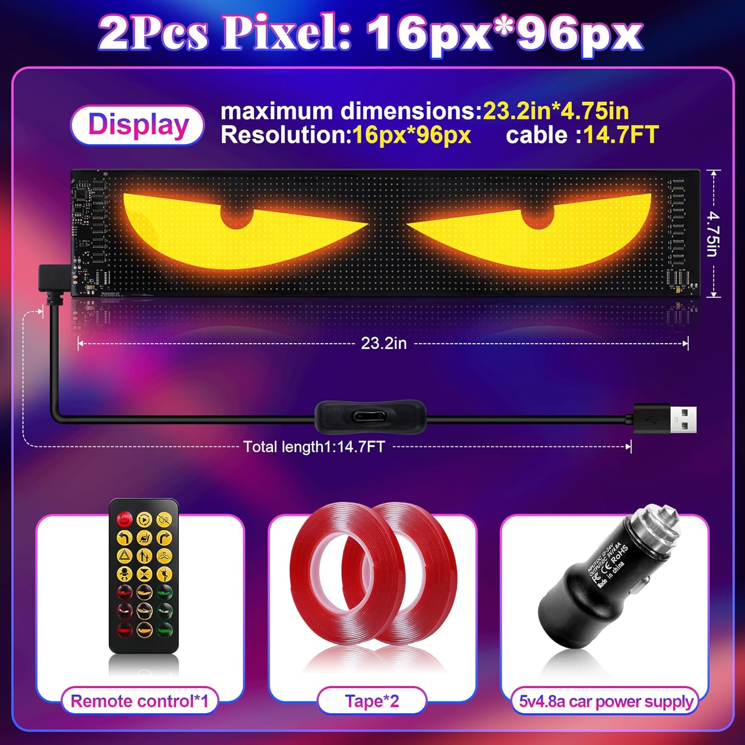 Sachie Devil's Eye 2-Pack:5800 Lux High-Brightness14 x4.3 Programmable ojos led para carro Windshield Display for Sedans, SUVs & Medium Trucks - USB-Powered LED Matrix Panel, Remote/App Control