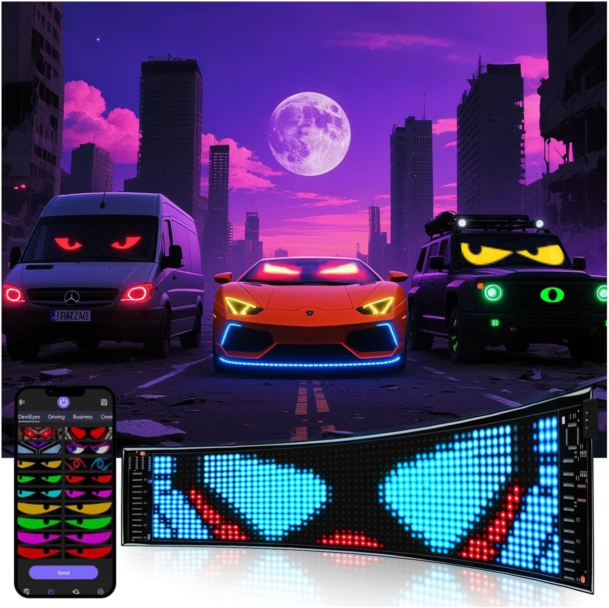 XAXVSTS Multifunctional Bright 2PCS Devil Eyes Cars SUVs & Trucks Windshield - 19in x 5in [ 2025 Tech Two Screen Synchronization Chips ] Flexible Programmable LED Eyes for Car