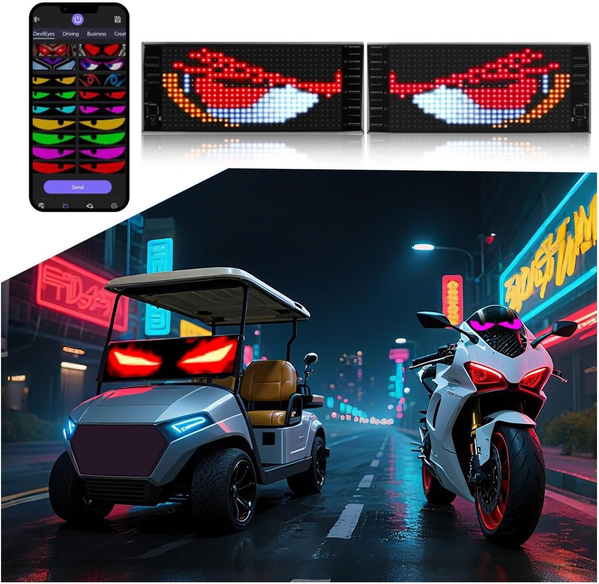 XAXVSTS Multifunctional Bright 2PCS Devil Eyes Cars SUVs & Trucks Windshield - 19in x 5in [ 2025 Tech Two Screen Synchronization Chips ] Flexible Programmable LED Eyes for Car