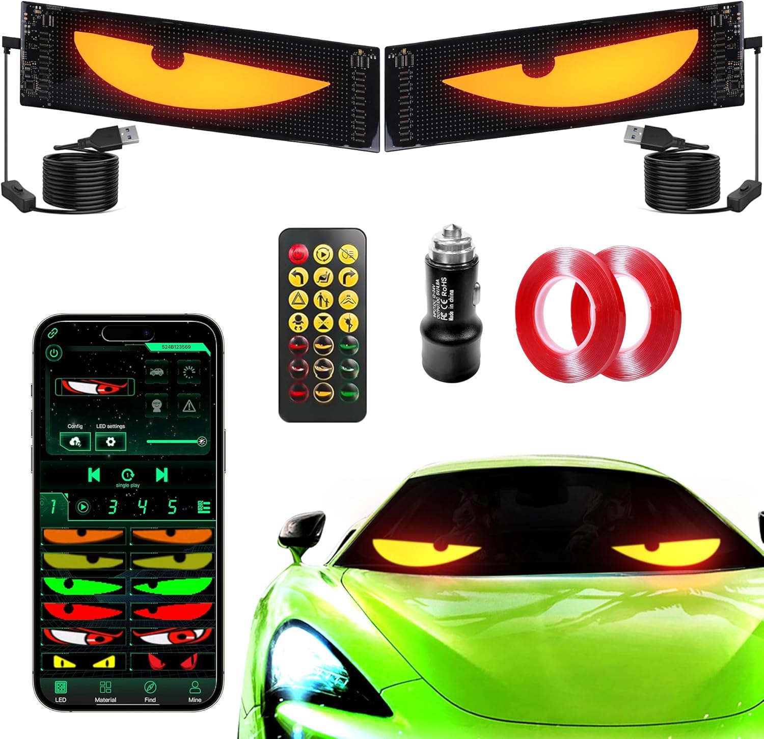 Sachie Devil's Eye 2-Pack:5800 Lux High-Brightness14 x4.3 Programmable ojos led para carro Windshield Display for Sedans, SUVs & Medium Trucks - USB-Powered LED Matrix Panel, Remote/App Control