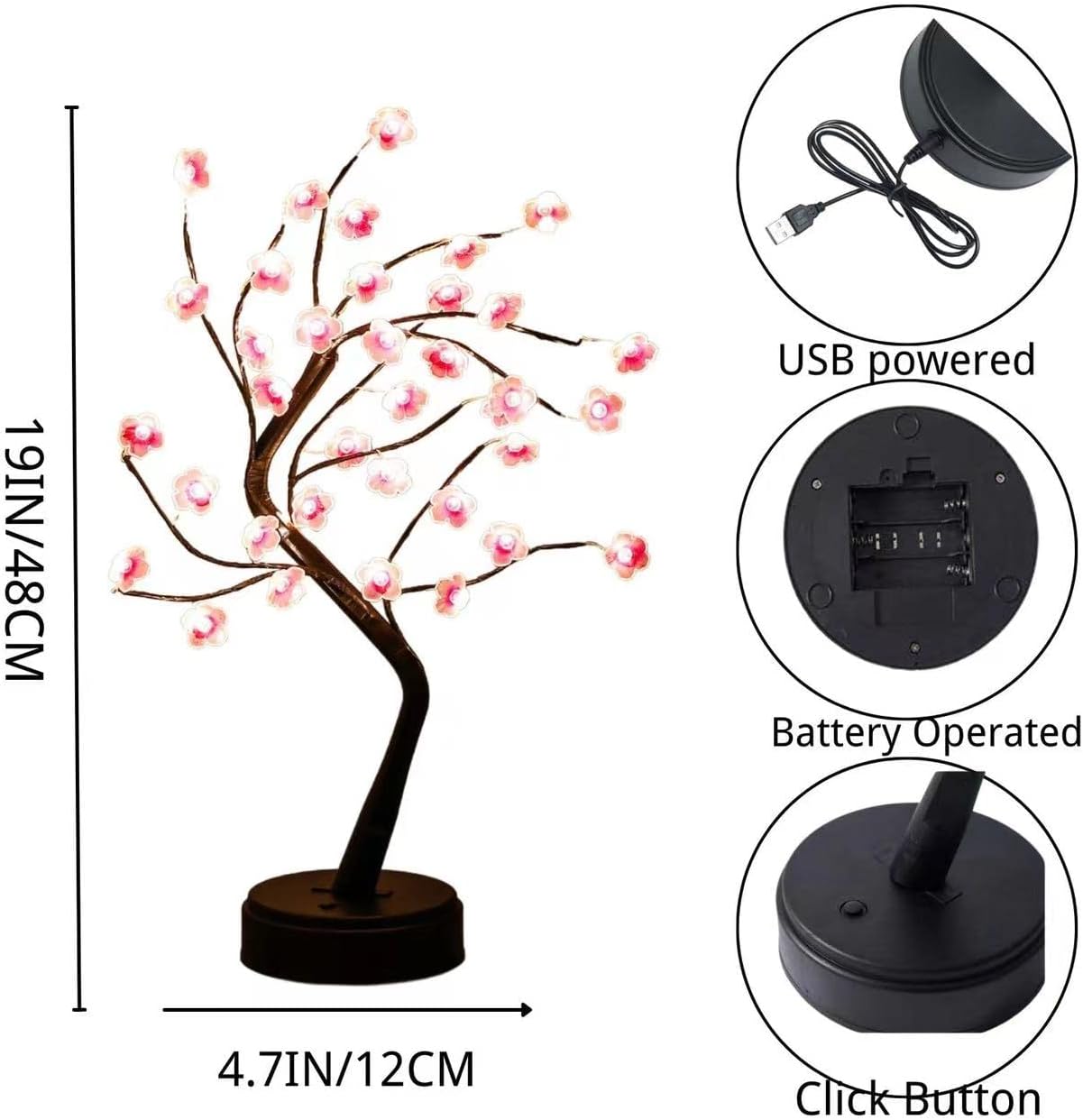 Cherry Blossom Tree Lamp, 18inch 36 Led Bonsai Tree Lights, Battery/USB Operated Japanese Decor Night Lights for Christmas Indoor Decorations Bedroom Home Gift Idea,Warm White
